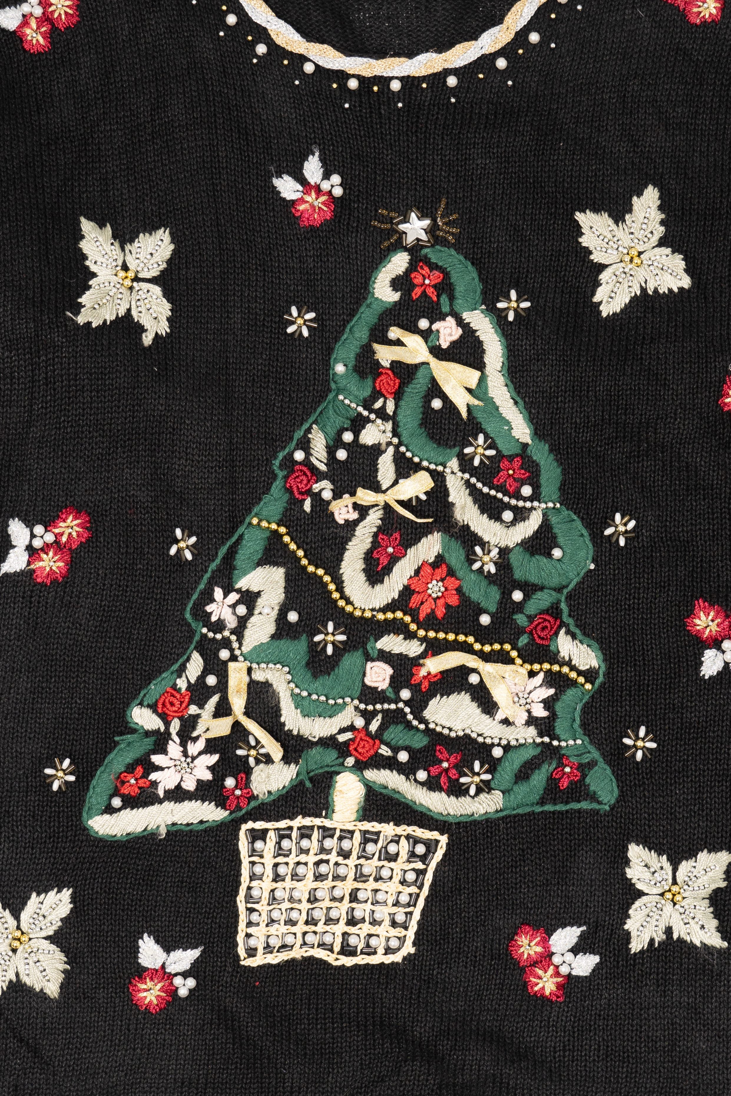 Vintage Black Carol Rose Tree Ugly Christmas Pullover (1990s)