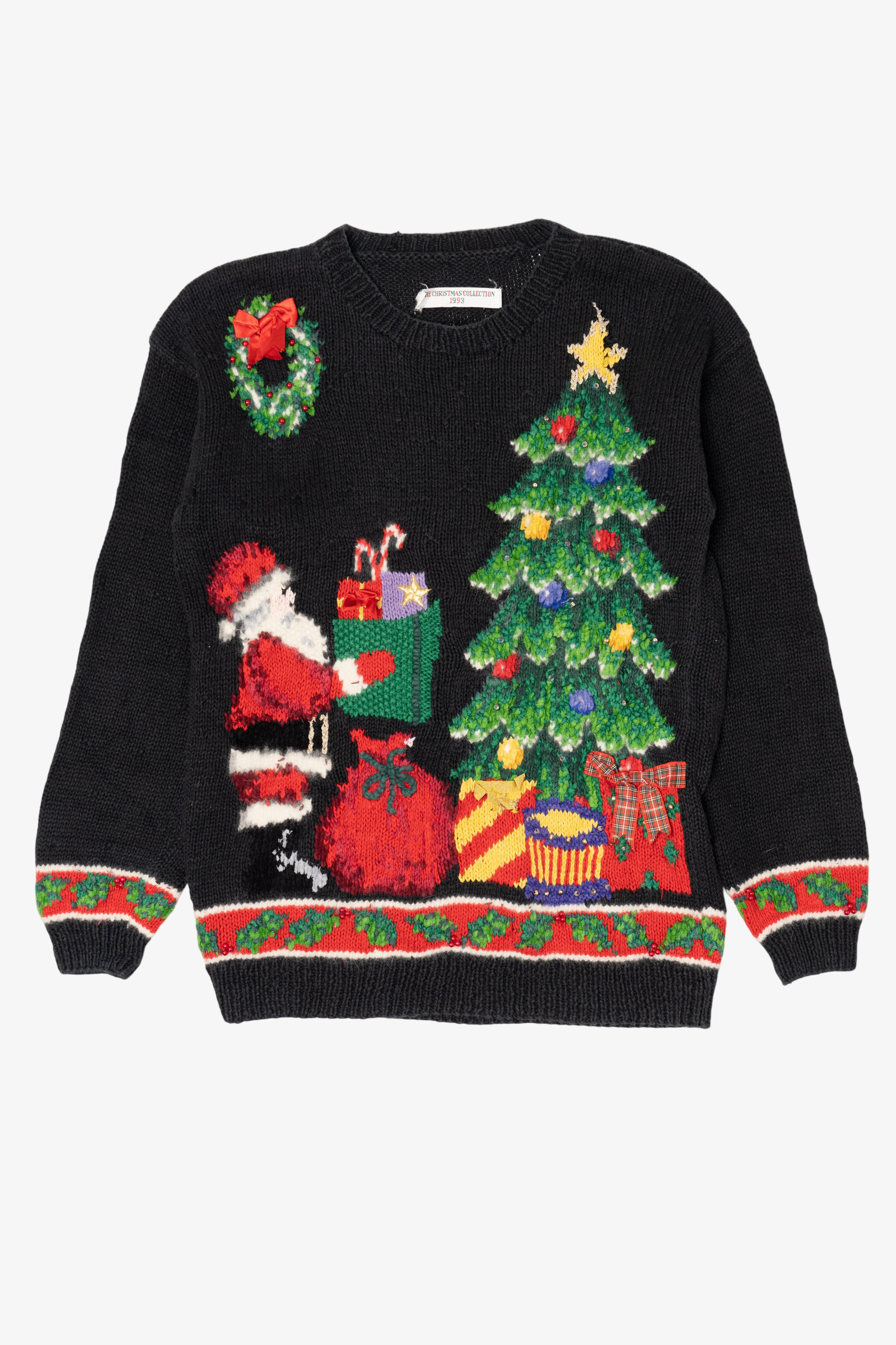 Vintage Black Unknown Santa Placing Presents Ugly Christmas Pullover (1990s)