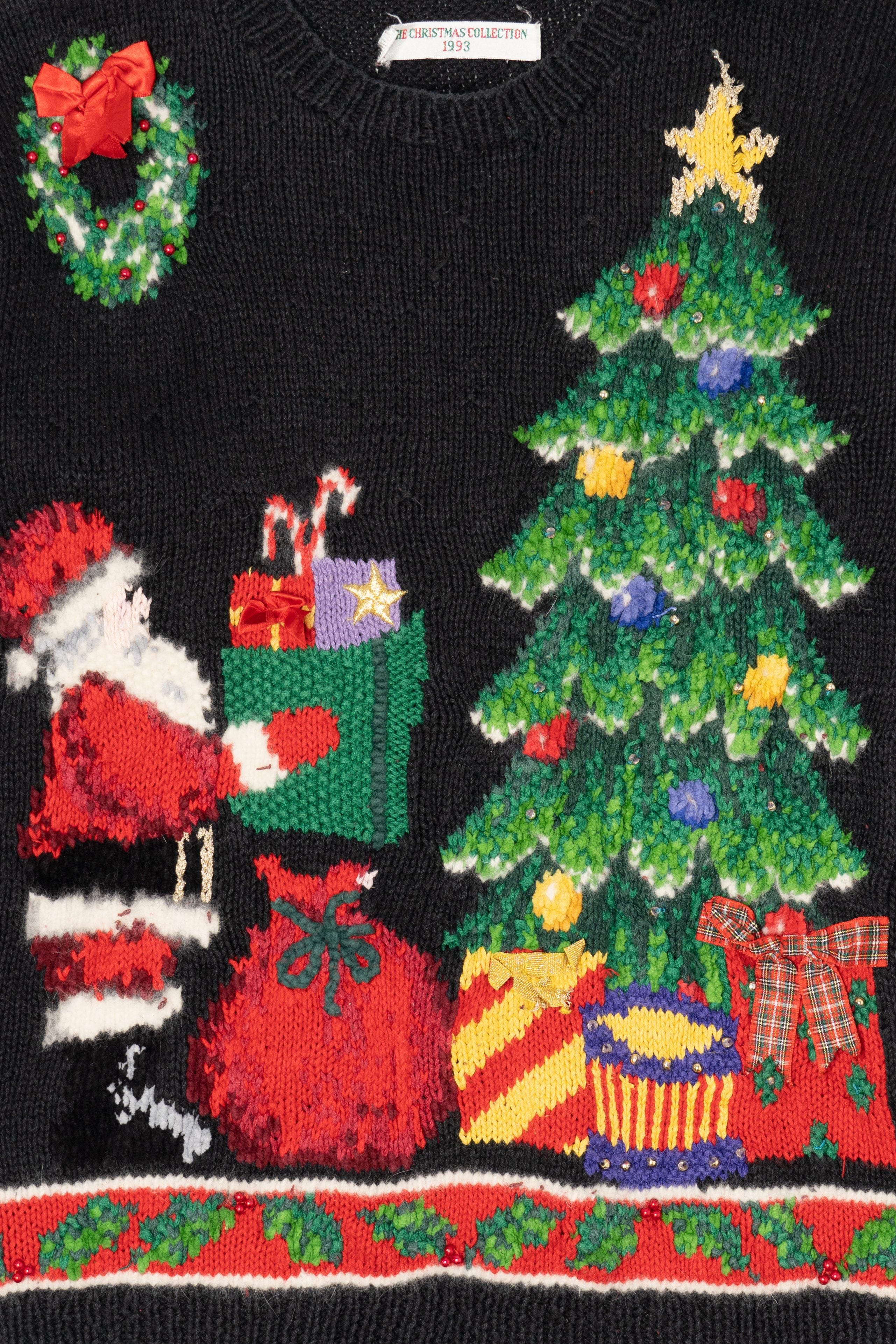 Vintage Black Unknown Santa Placing Presents Ugly Christmas Pullover (1990s)