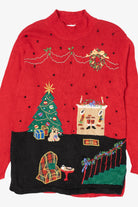 Vintage Red Victoria Jones Christmas Morning Scene Ugly Christmas Pullover (1990s)