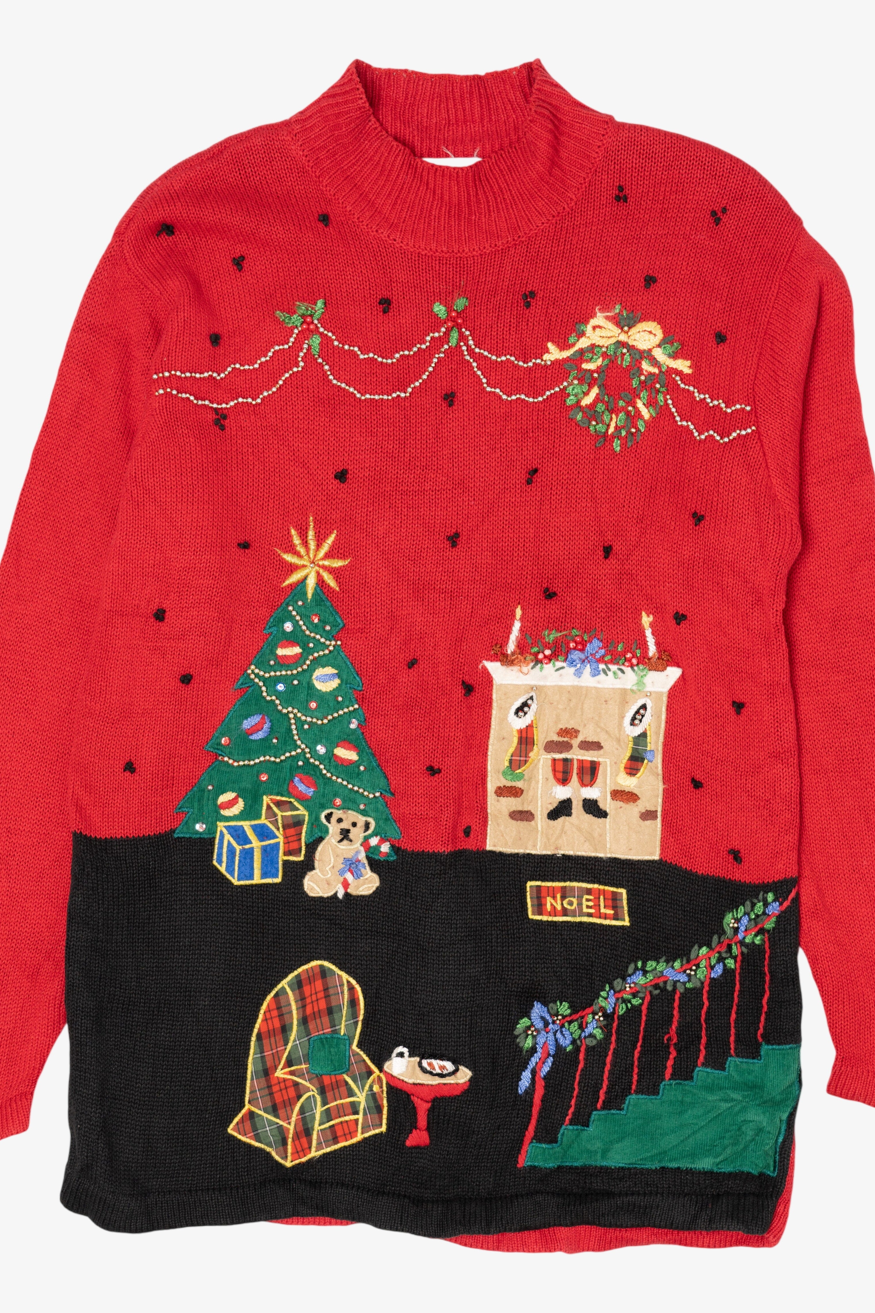 Vintage Red Victoria Jones Christmas Morning Scene Ugly Christmas Pullover (1990s)