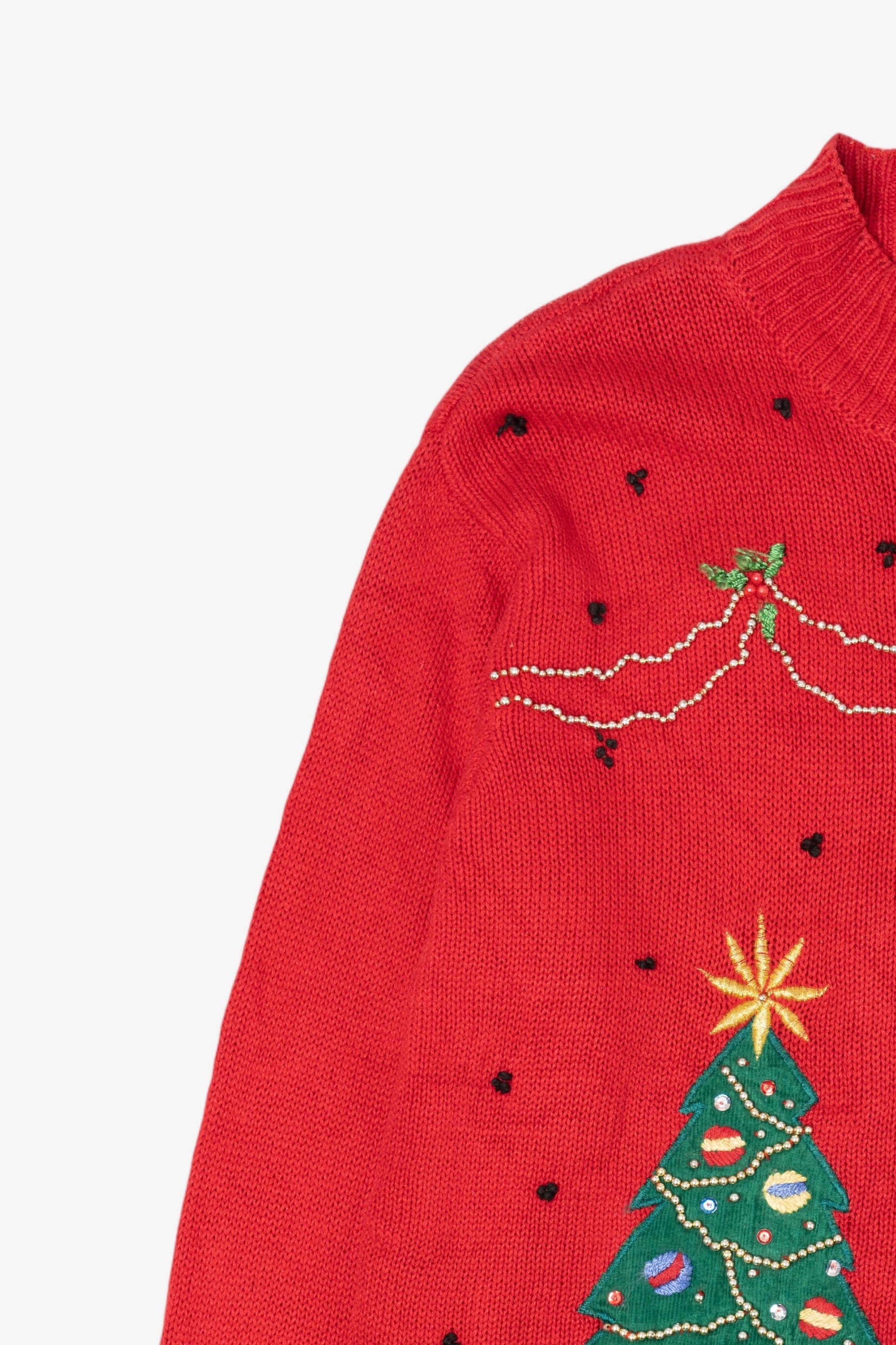 Vintage Red Victoria Jones Christmas Morning Scene Ugly Christmas Pullover (1990s)