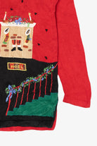 Vintage Red Victoria Jones Christmas Morning Scene Ugly Christmas Pullover (1990s)