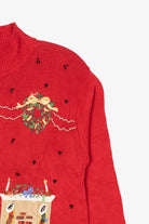 Vintage Red Victoria Jones Christmas Morning Scene Ugly Christmas Pullover (1990s)