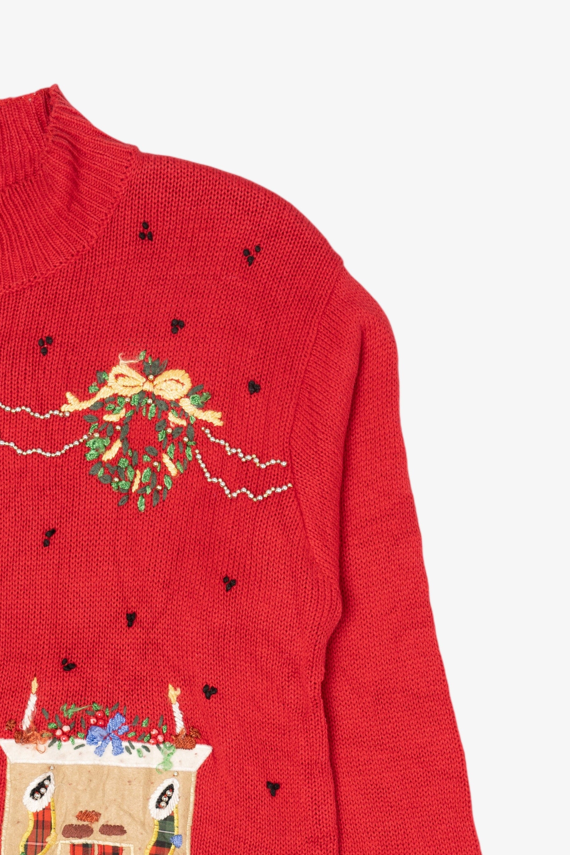 Vintage Red Victoria Jones Christmas Morning Scene Ugly Christmas Pullover (1990s)