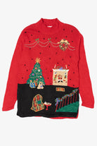 Vintage Red Victoria Jones Christmas Morning Scene Ugly Christmas Pullover (1990s)