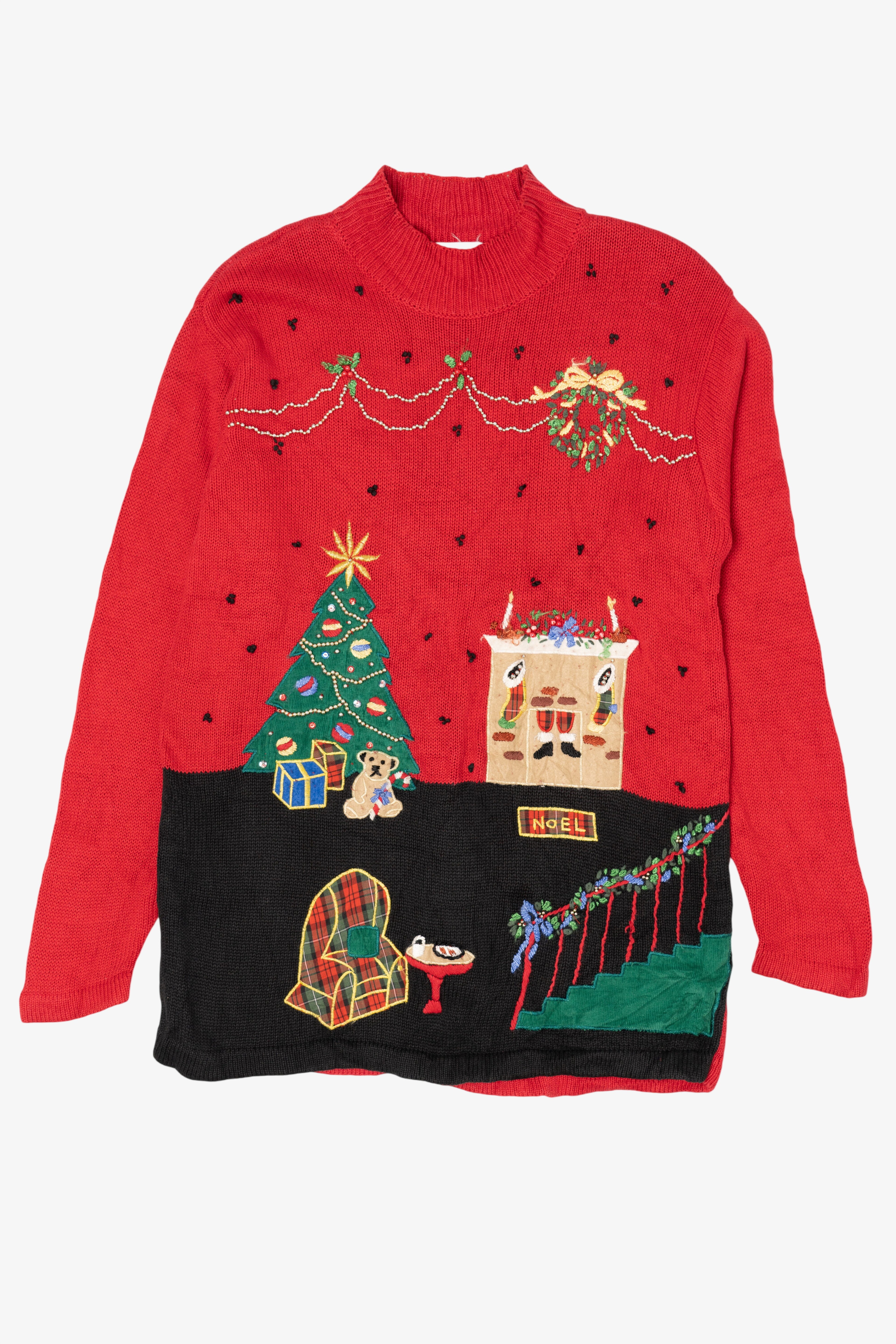 Vintage Red Victoria Jones Christmas Morning Scene Ugly Christmas Pullover (1990s)