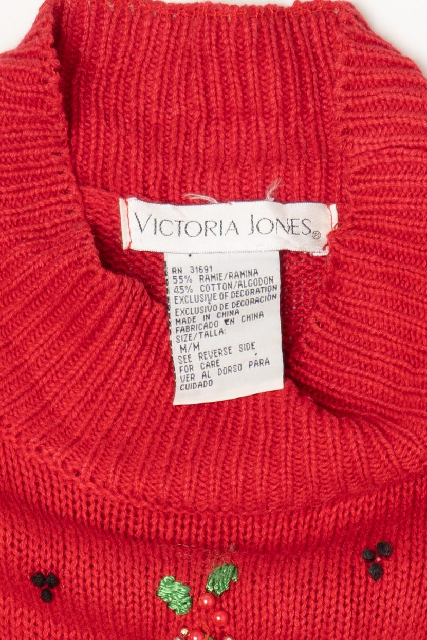 Vintage Red Victoria Jones Christmas Morning Scene Ugly Christmas Pullover (1990s)