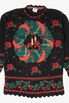 Vintage Black Nutcracker Wreaths Ugly Christmas Pullover (1980s)