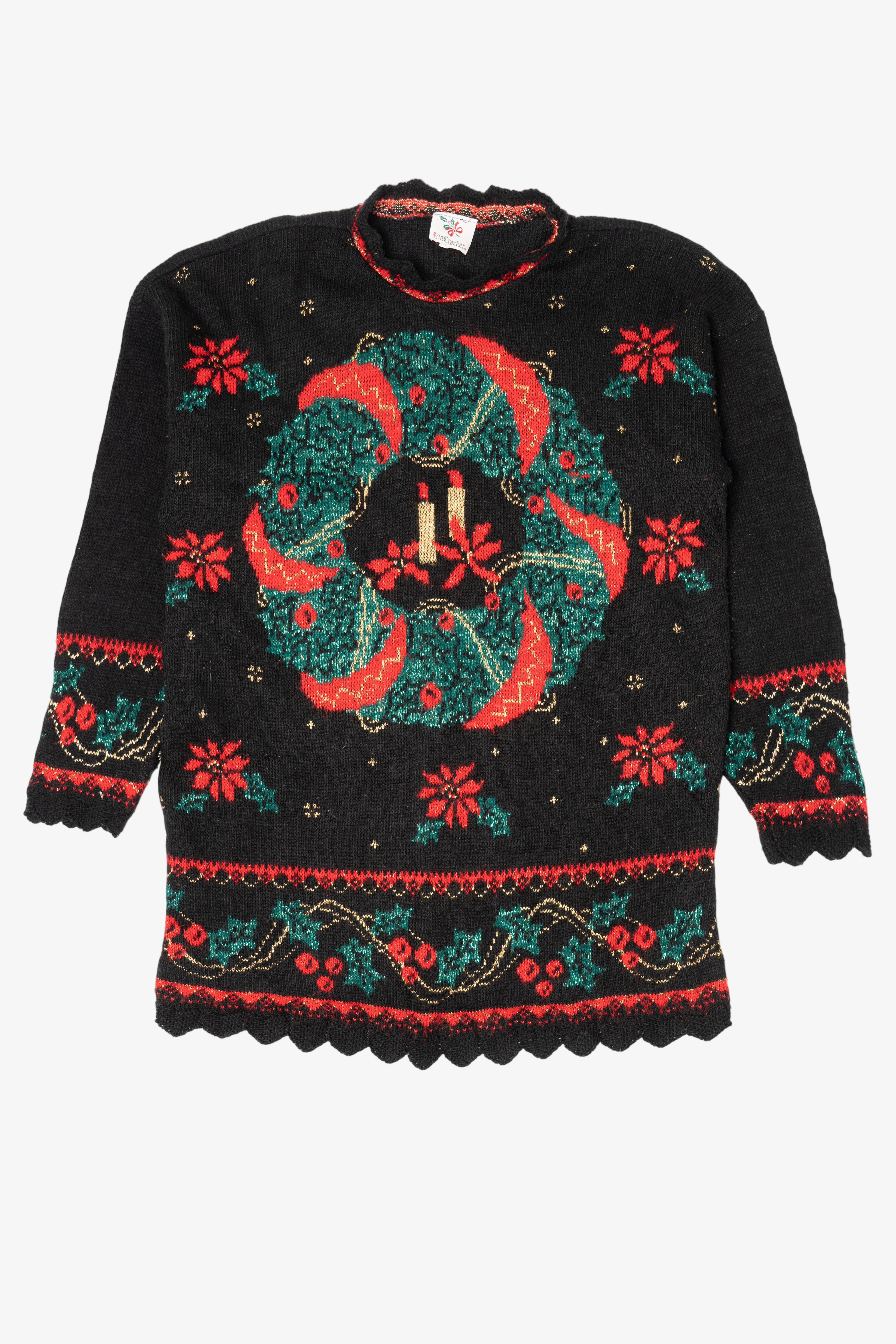 Vintage Black Nutcracker Wreaths Ugly Christmas Pullover (1980s)