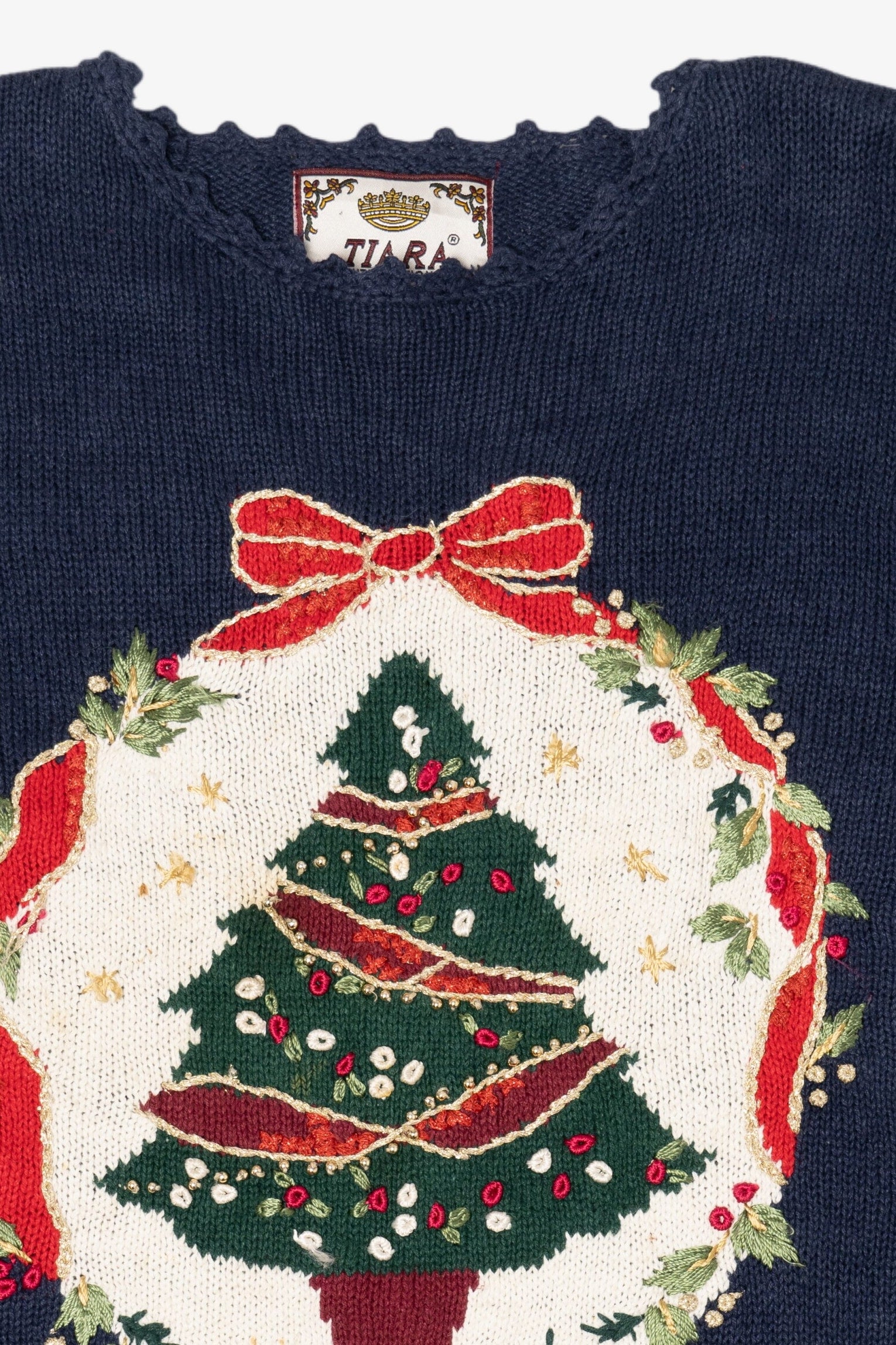 Vintage Navy Blue Tiara International Tree Ugly Christmas Pullover (1990s)