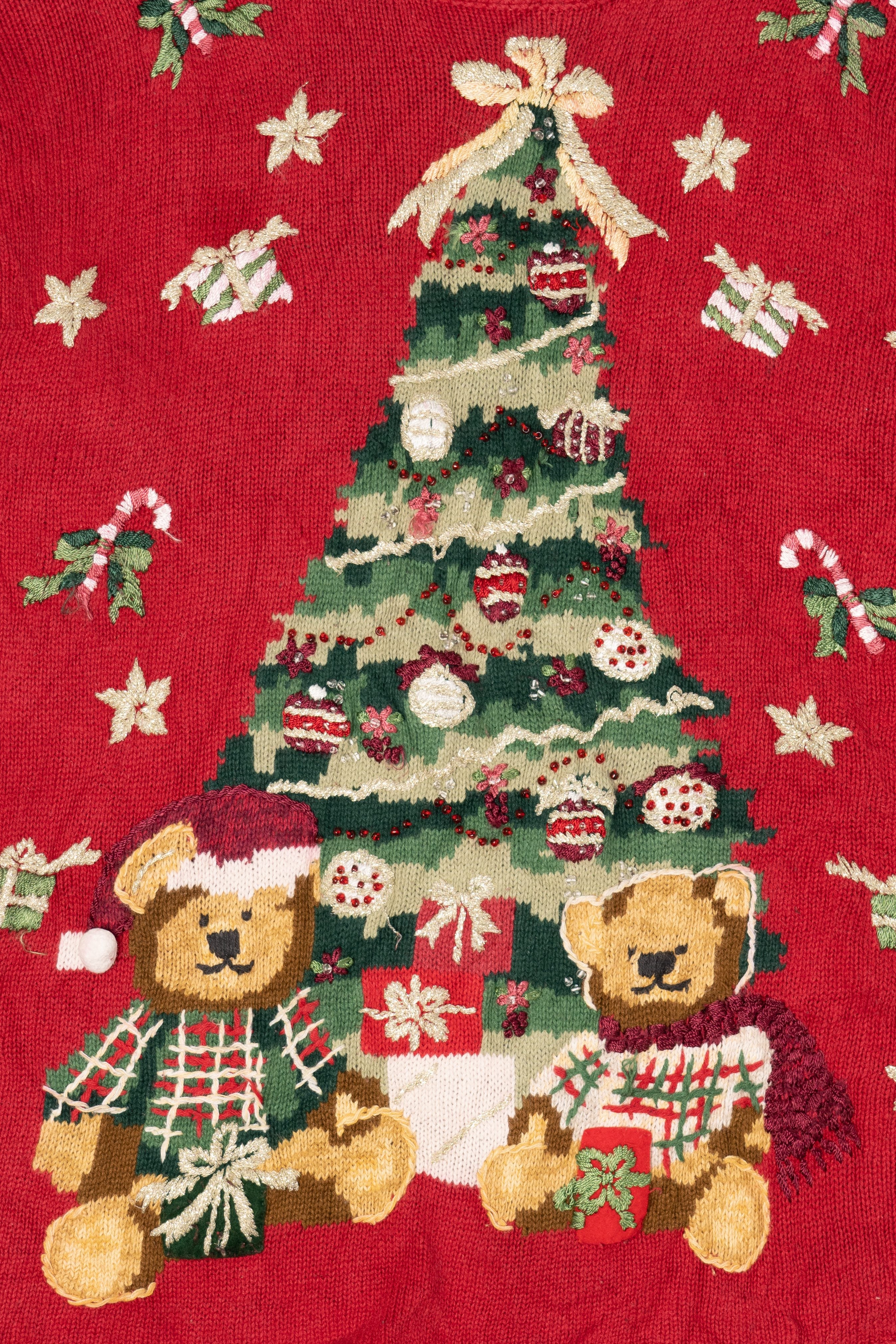 Vintage Red Heirloom Collectible Tree And Teddy Bears Ugly Christmas Pullover (2000s)