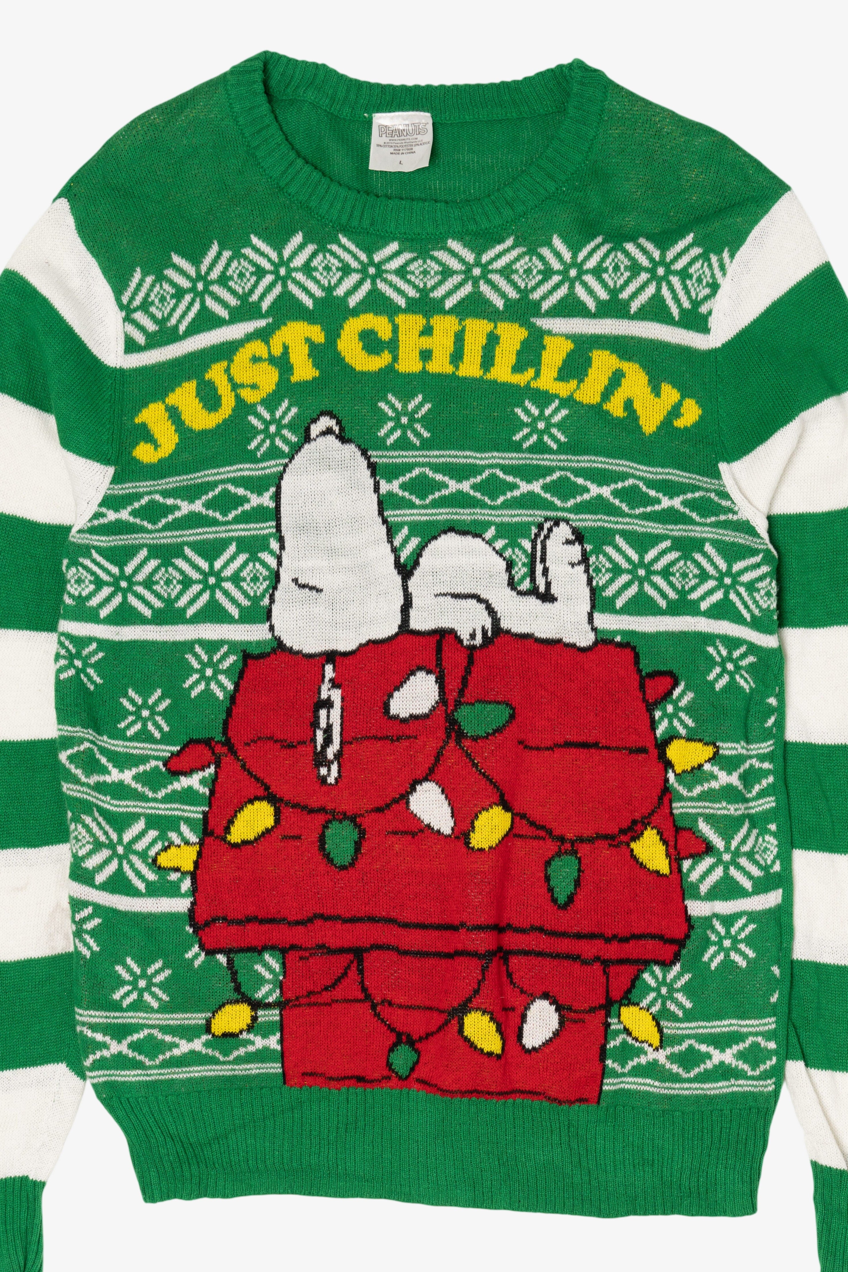 Striped Green Peanuts Snoopy "Just Chillin'" Ugly Christmas Pullover (2010s)