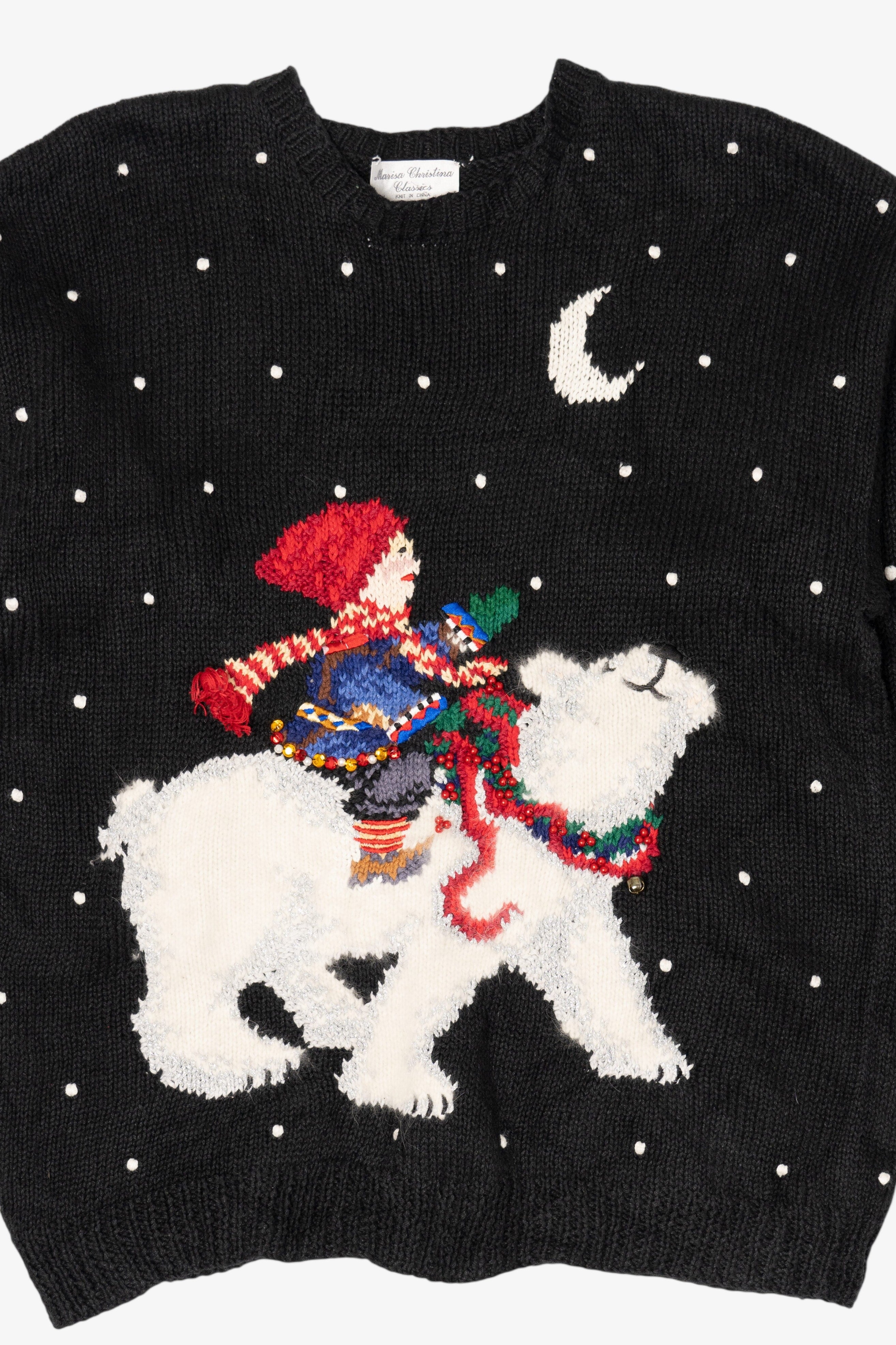 Vintage Hand Knit Black Marisa Christina Polar Bear Ugly Christmas Pullover (1990s)