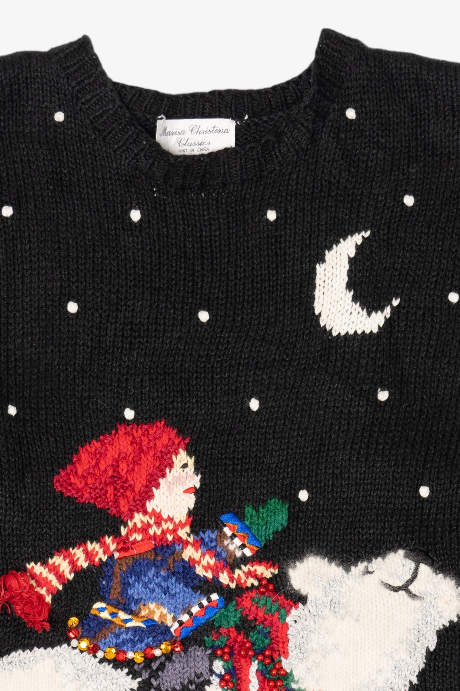 Vintage Hand Knit Black Marisa Christina Polar Bear Ugly Christmas Pullover (1990s)