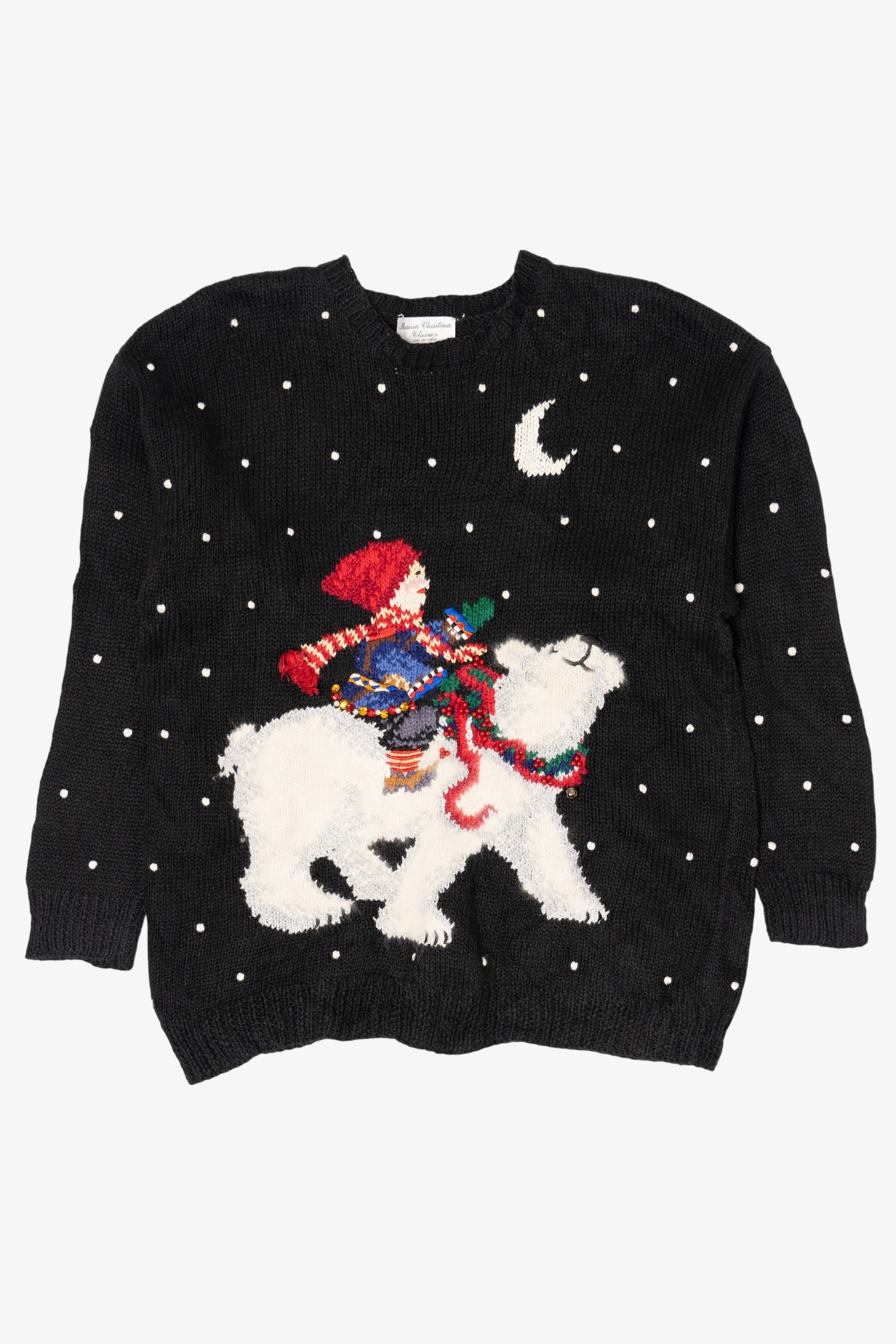 Vintage Hand Knit Black Marisa Christina Polar Bear Ugly Christmas Pullover (1990s)