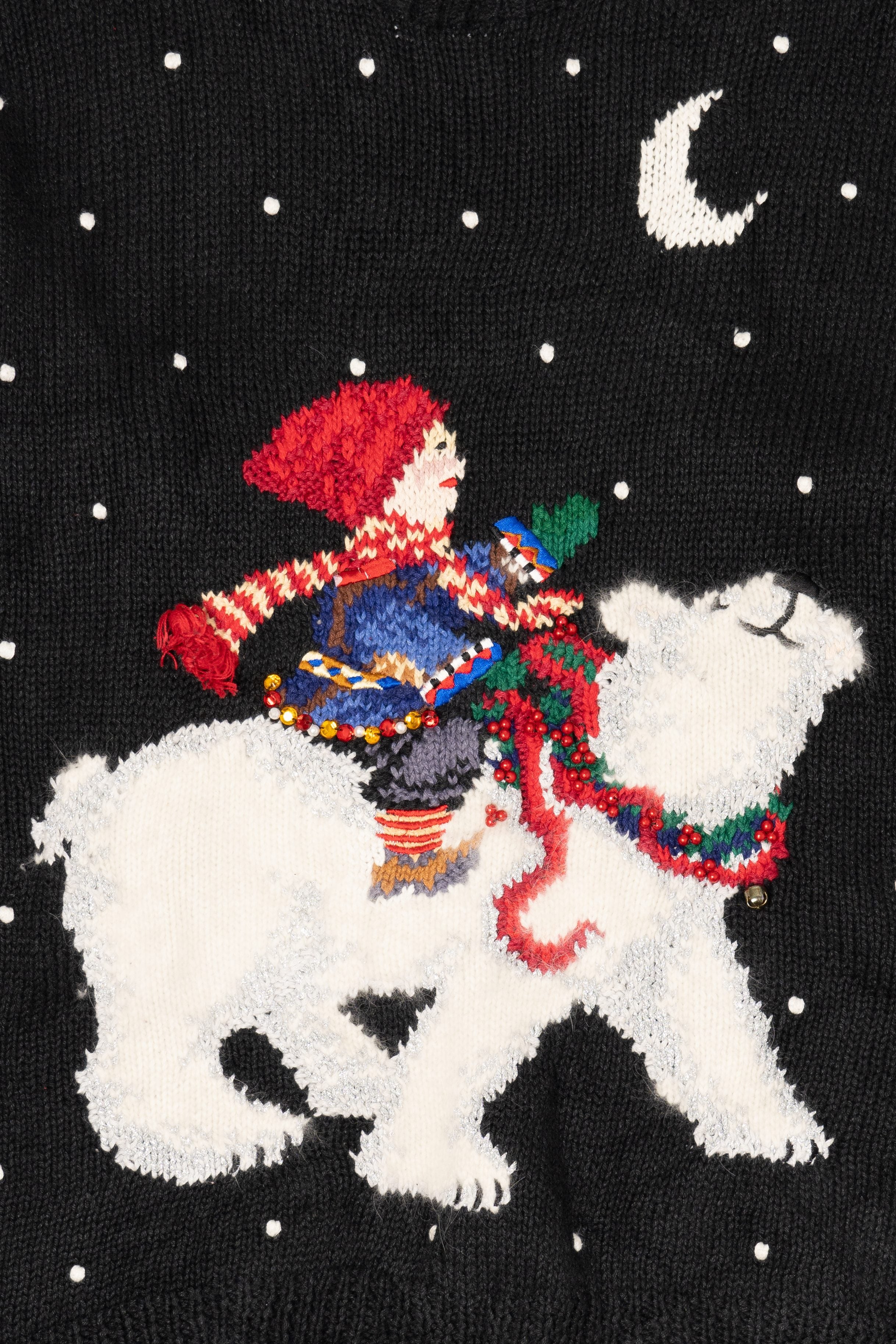 Vintage Hand Knit Black Marisa Christina Polar Bear Ugly Christmas Pullover (1990s)