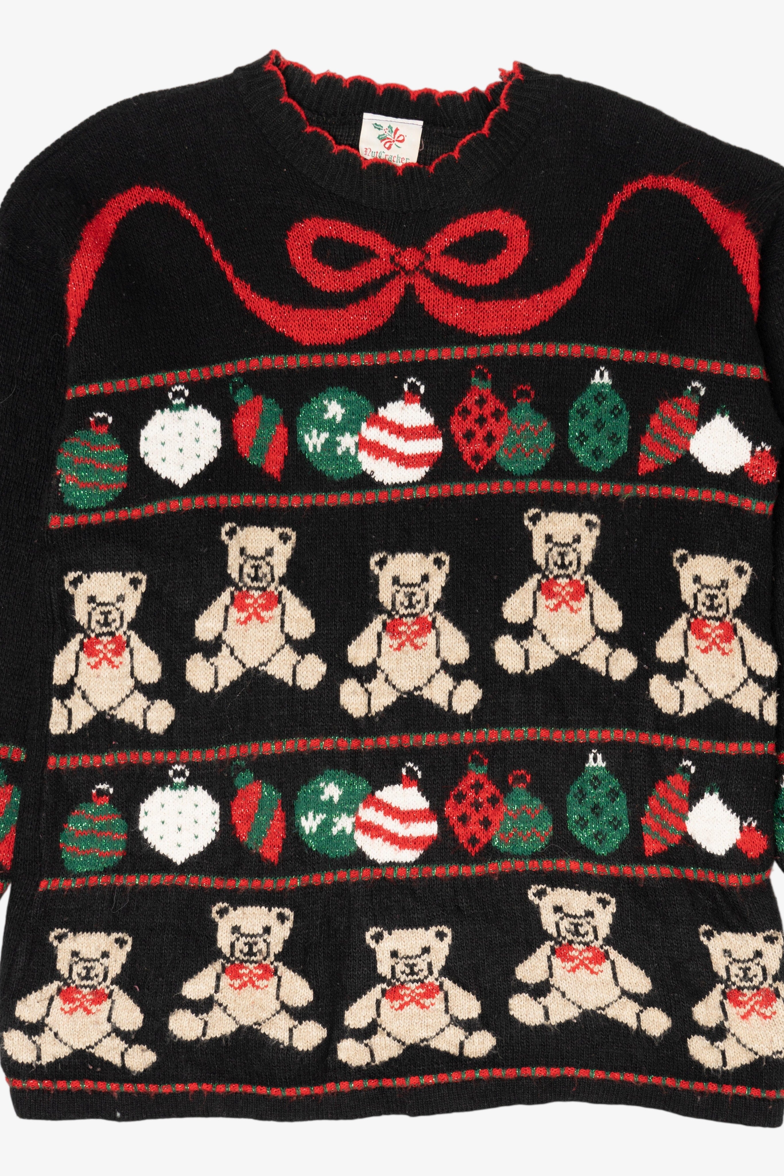 Vintage Black Nutcracker Teddy Bears And Ornaments Ugly Christmas Pullover (1980s)