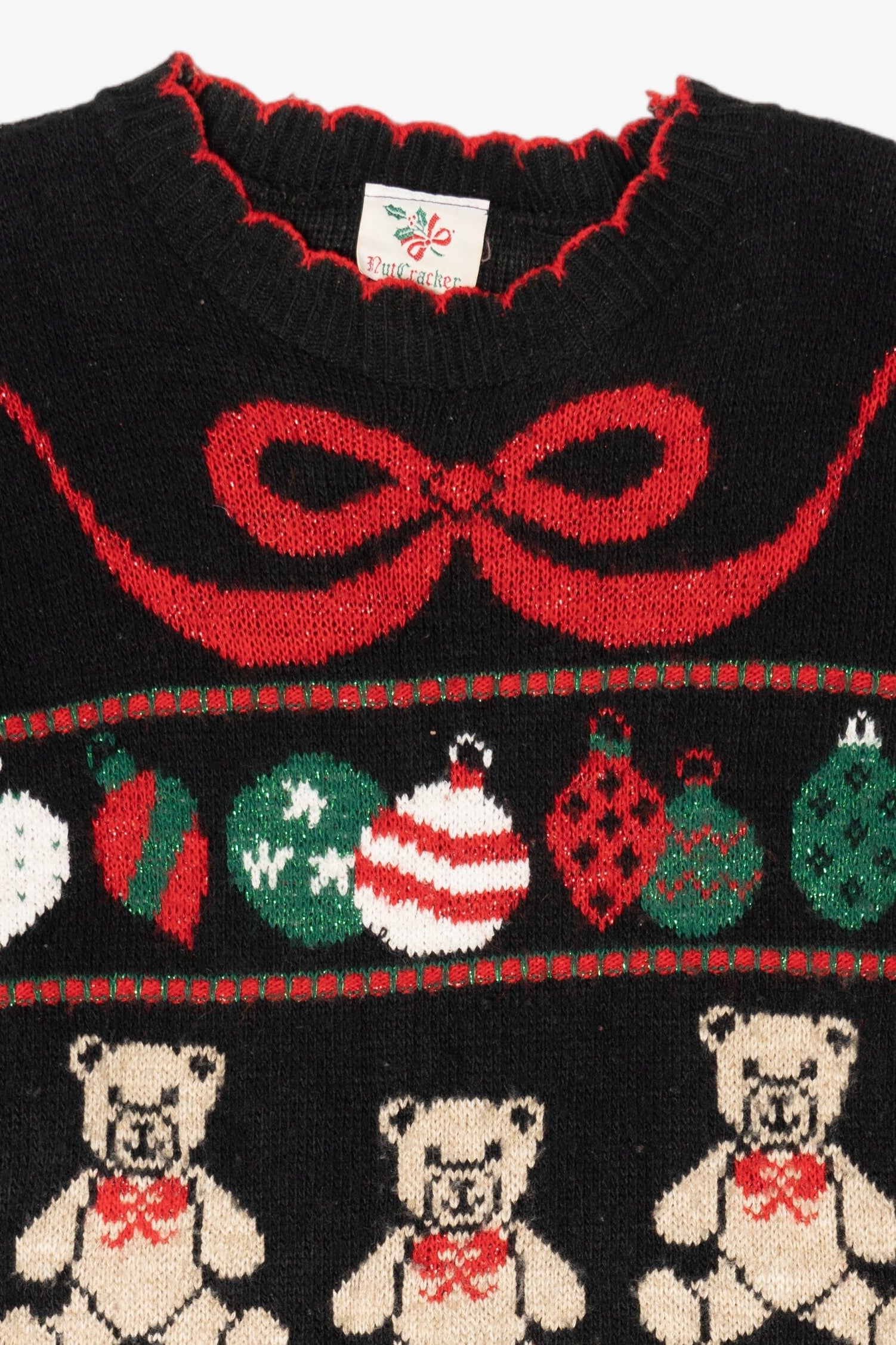 Vintage Black Nutcracker Teddy Bears And Ornaments Ugly Christmas Pullover (1980s)