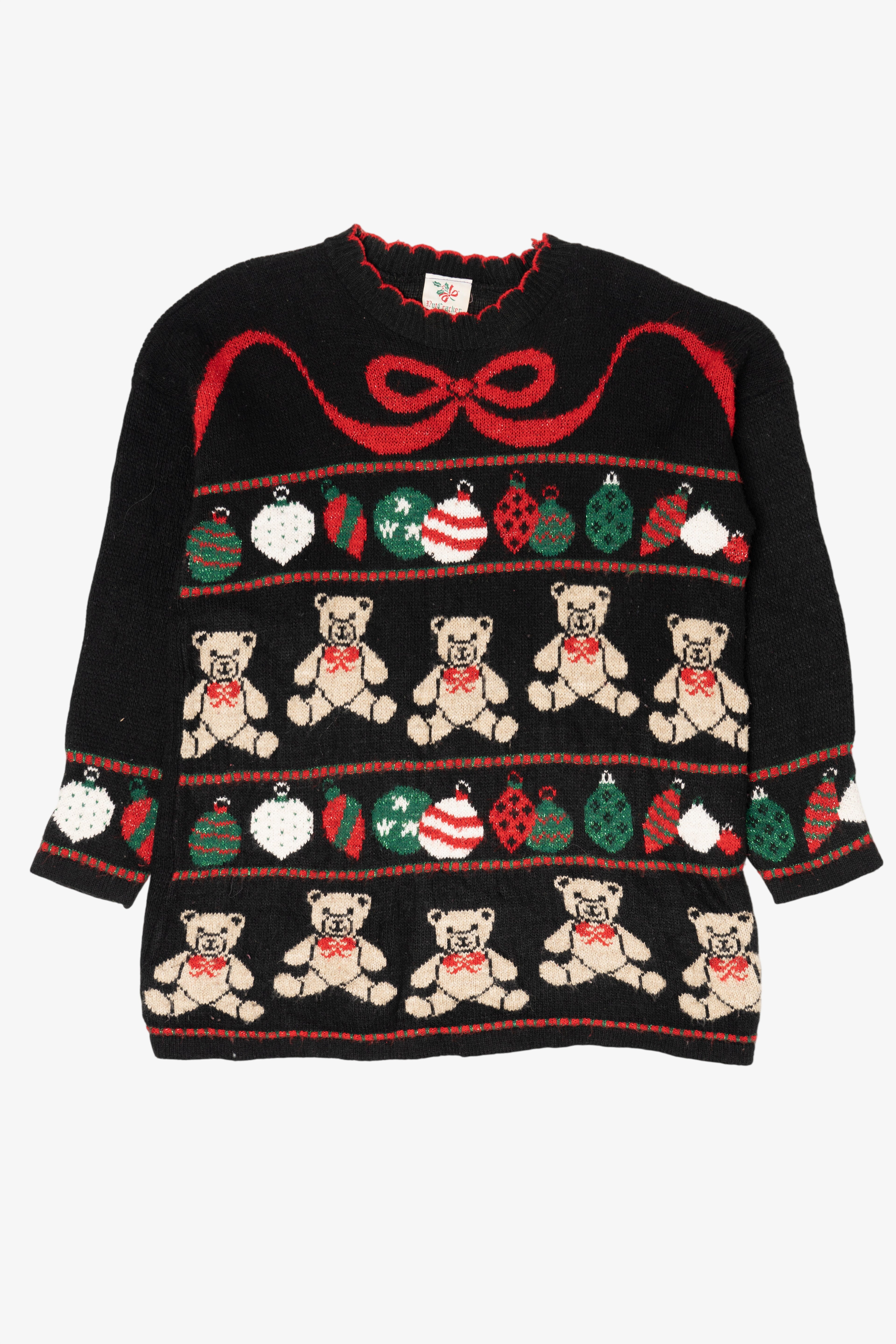 Vintage Black Nutcracker Teddy Bears And Ornaments Ugly Christmas Pullover (1980s)