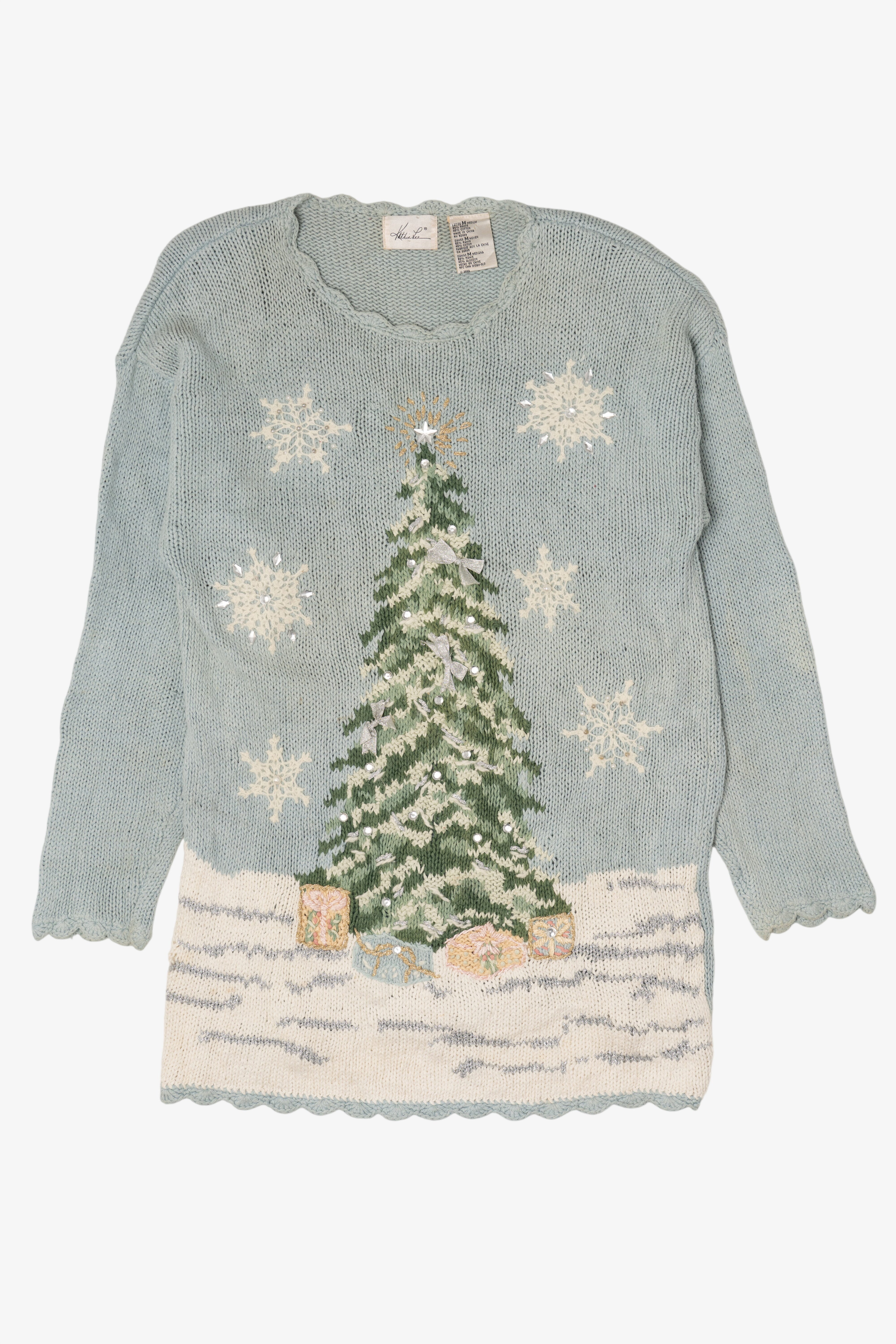 Vintage Light Blue Kathie Lee Tree Ugly Christmas Pullover (1990s)