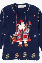 Vintage Navy Blue Belle Pointe Santa Ugly Christmas Pullover (1990s)