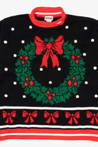 Vintage Black Knitwaves Wreaths Ugly Christmas Pullover (1980s)