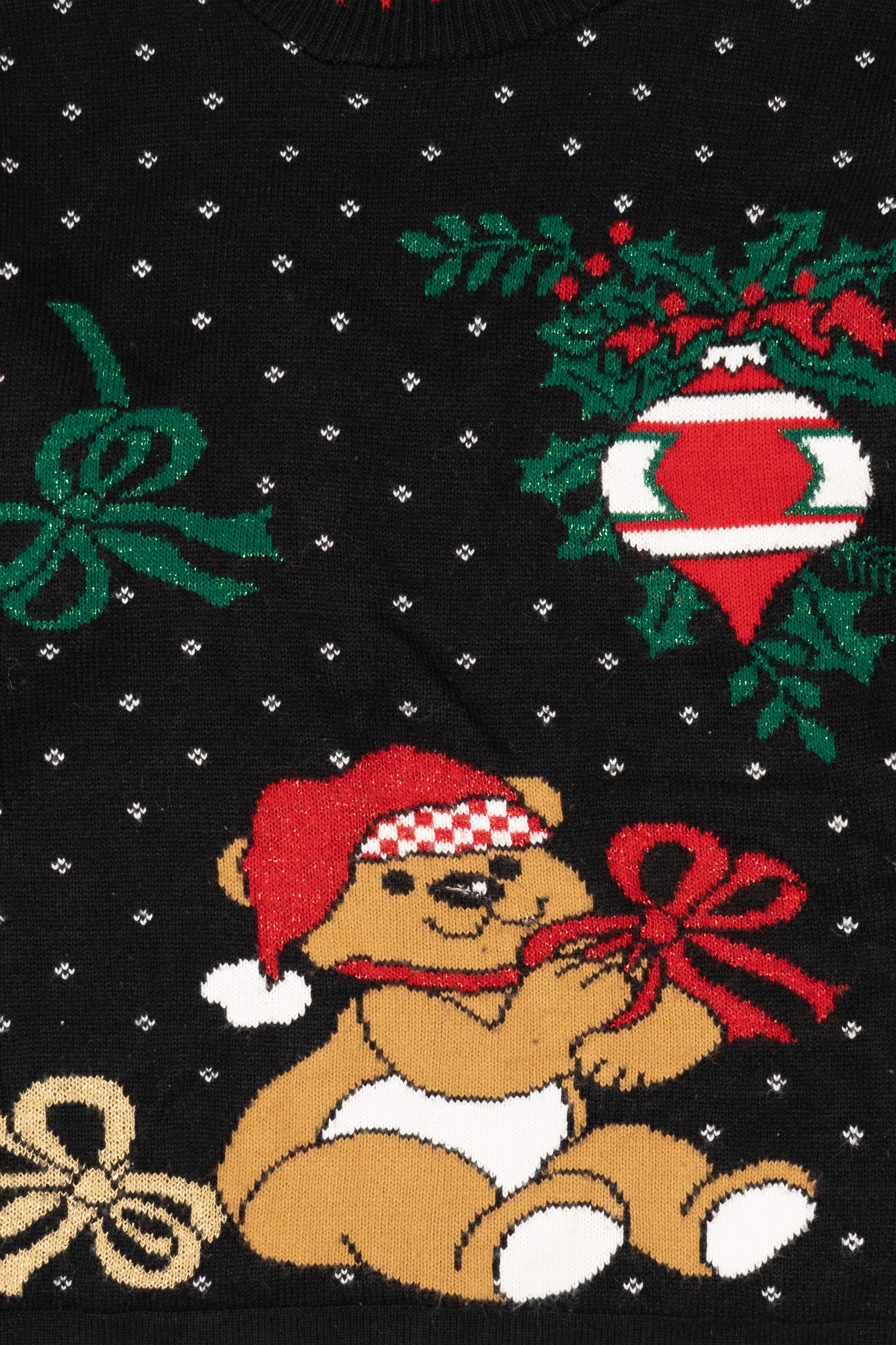 Vintage Black Holiday Time Teddy Bear Ugly Christmas Pullover (1990s)