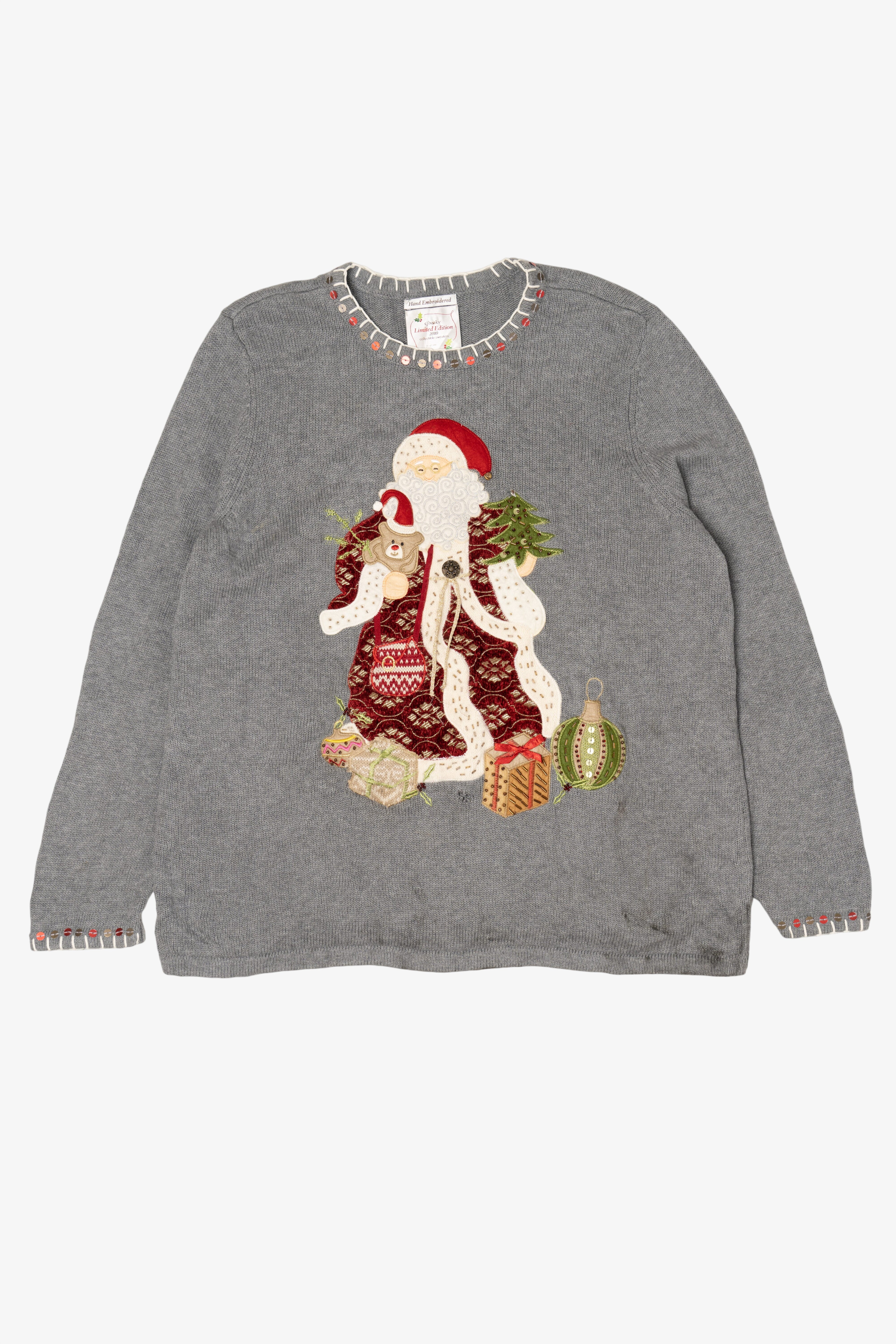 Gray CJ Banks Hand Embroidered Santa Ugly Christmas Pullover (2010s)