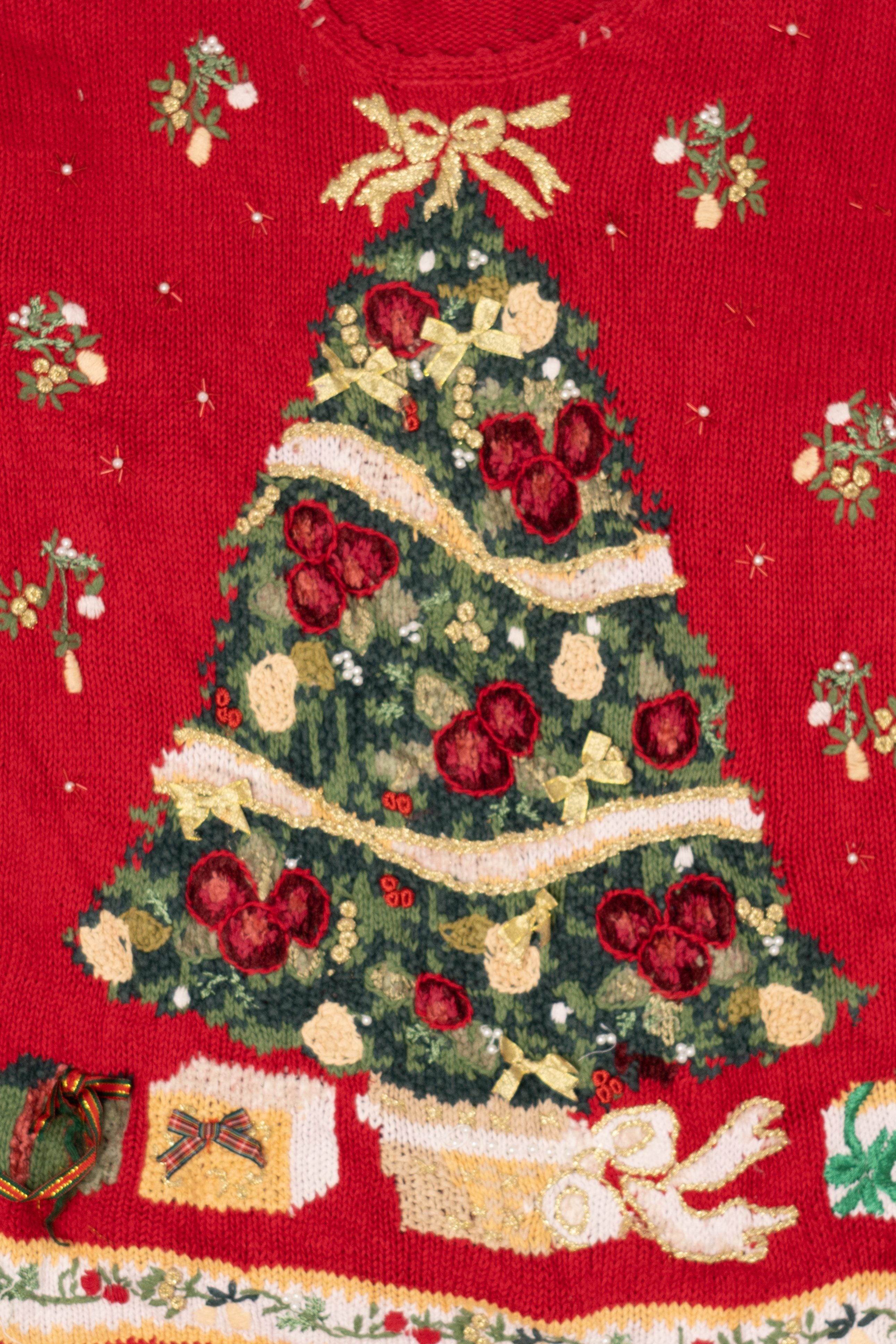 Vintage Red Presents Under The Trees Ugly Christmas Pullover (1990s)