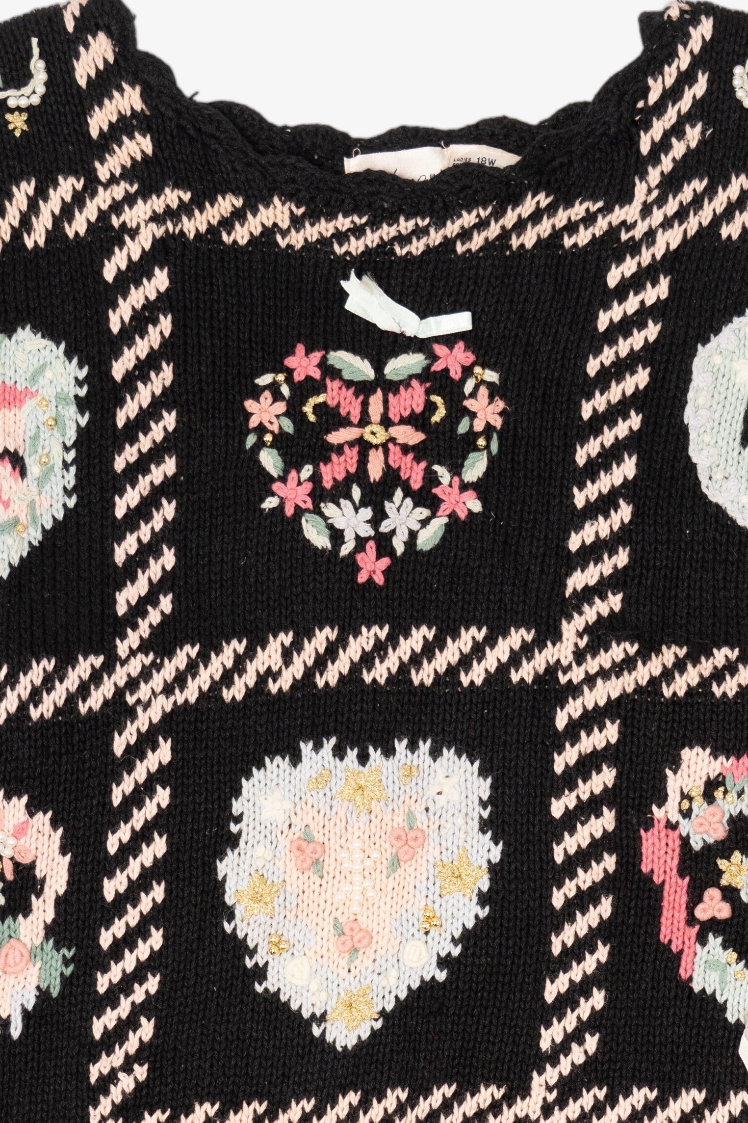 Vintage Black Kathie Lee Wreath Hearts Ugly Christmas Pullover (1990s)