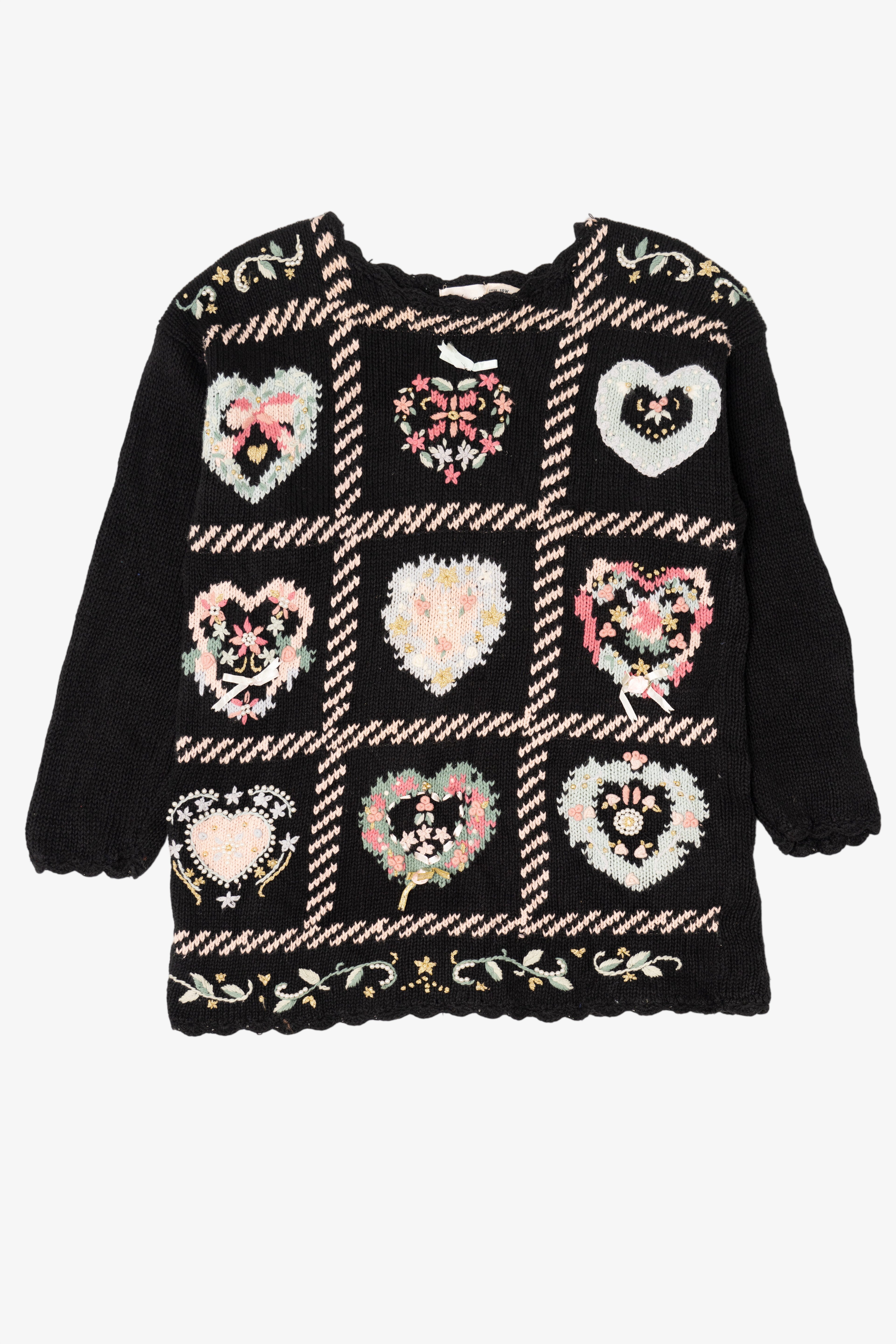 Vintage Black Kathie Lee Wreath Hearts Ugly Christmas Pullover (1990s)