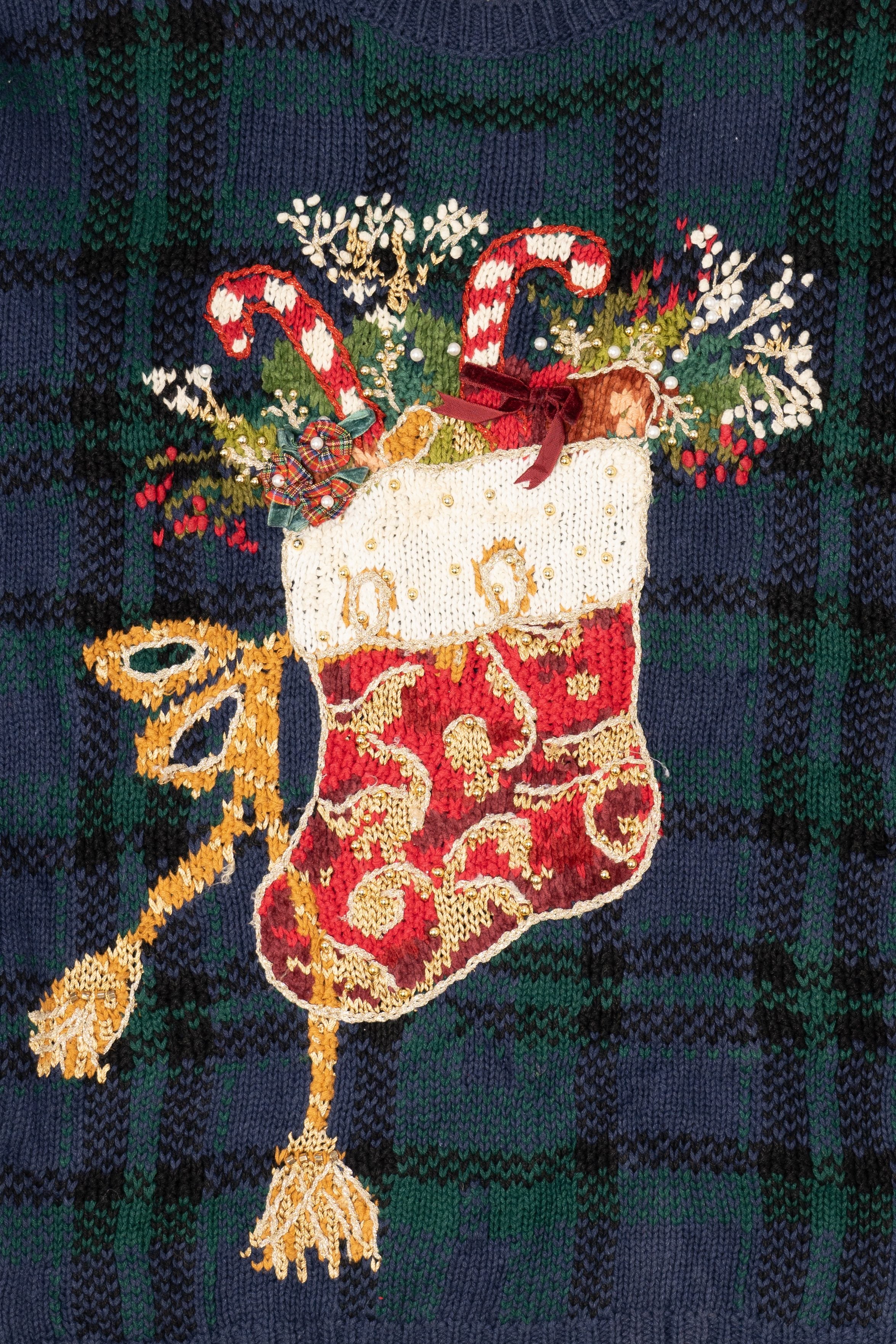 Vintage Navy Blue Kim Rogers Stockings Ugly Christmas Pullover (1990s)
