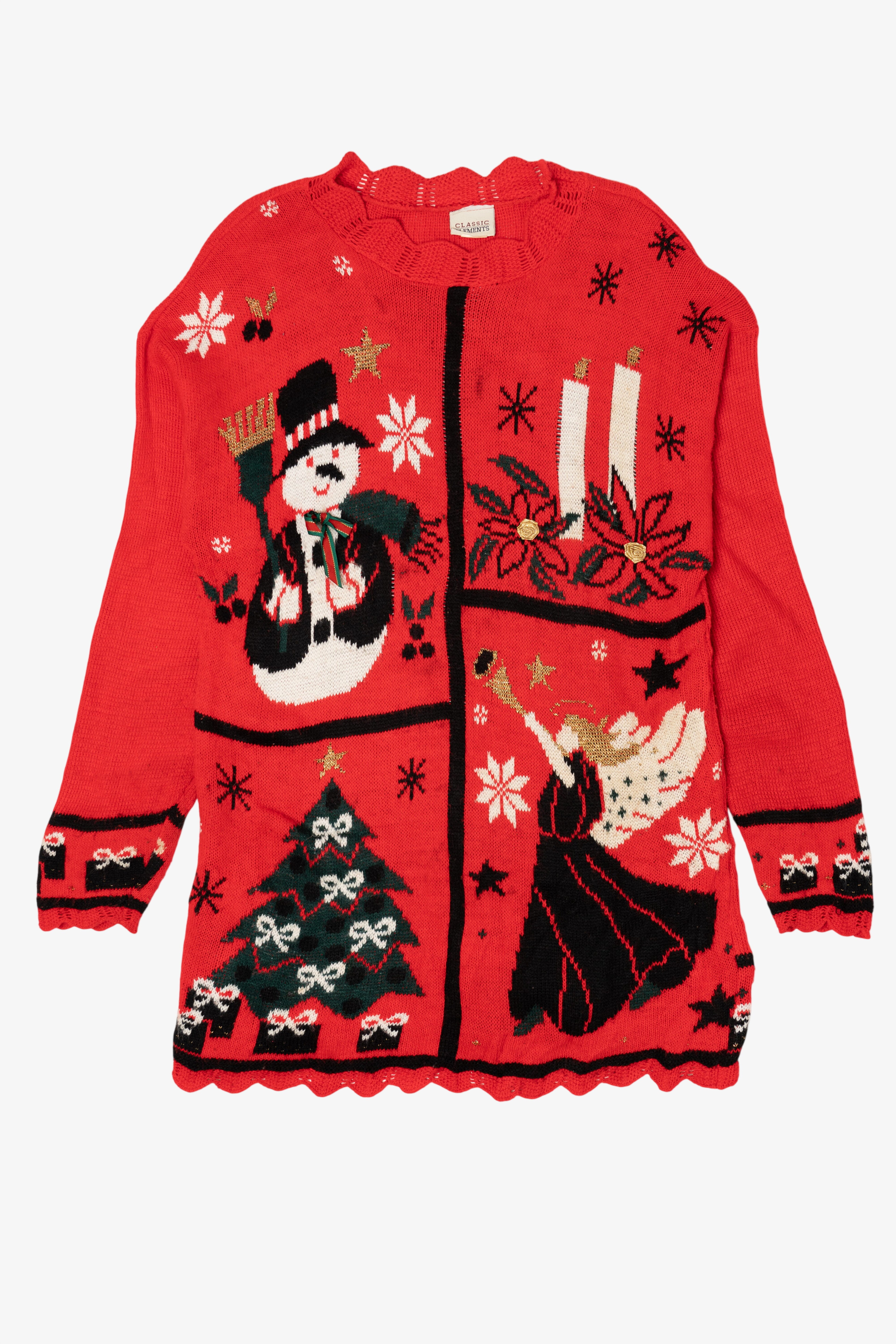 Vintage Red Classic Elements Snowmen Ugly Christmas Pullover (1990s)