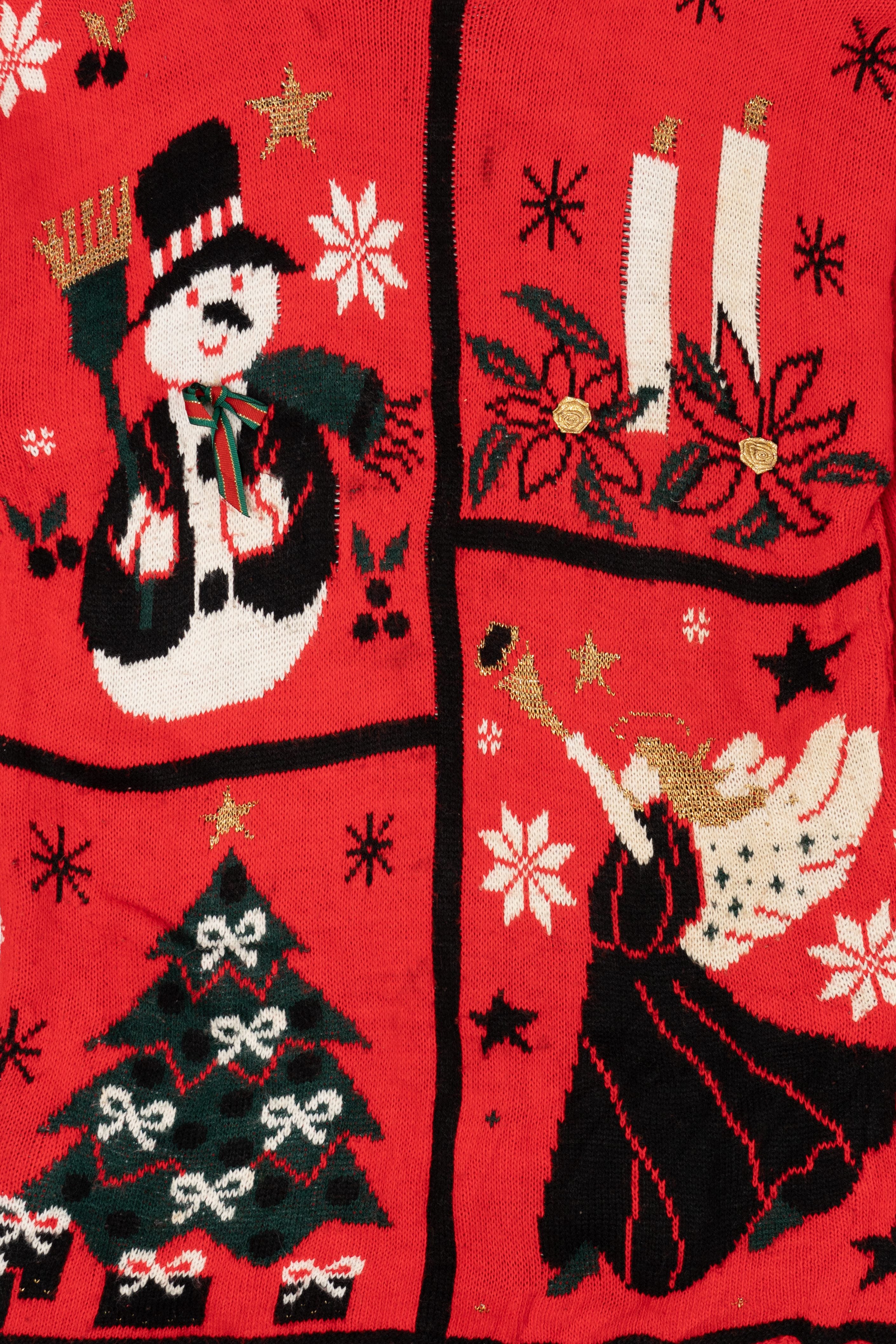 Vintage Red Classic Elements Snowmen Ugly Christmas Pullover (1990s)