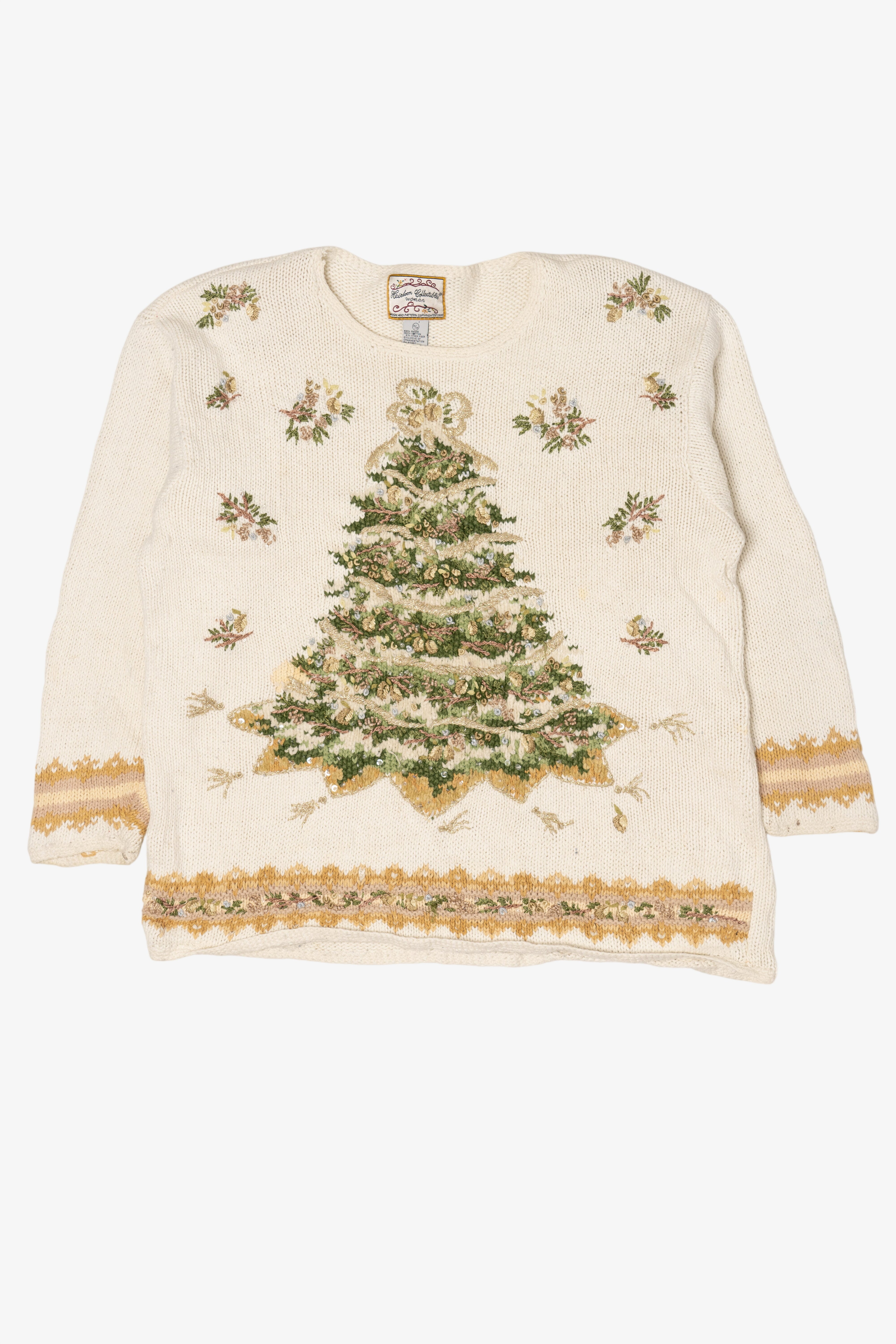 Vintage White Heirloom Collectible Trees Ugly Christmas Pullover (1990s)