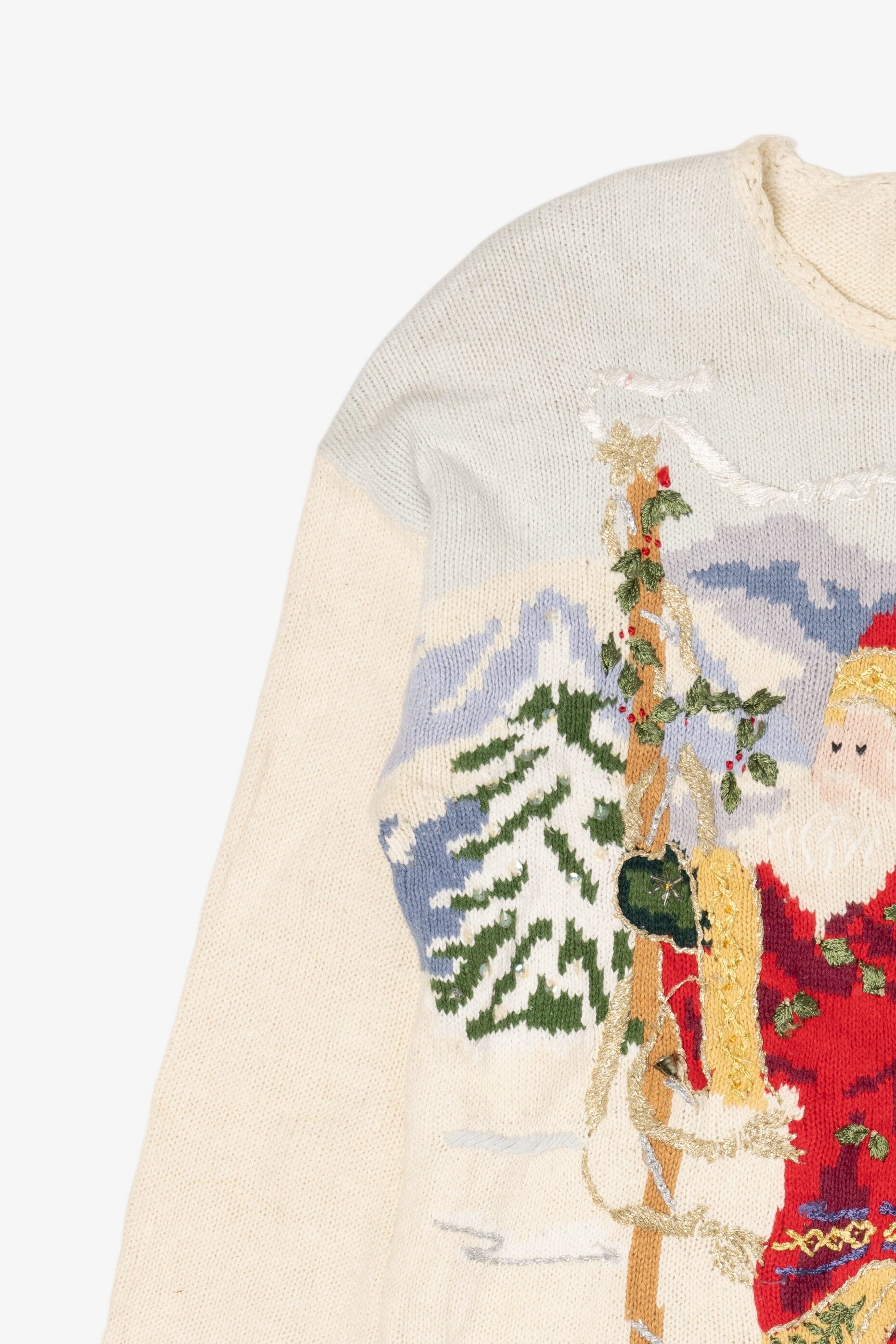 Vintage White Heirloom Collectible Santa Saint Nick Ugly Christmas Pullover (1990s)