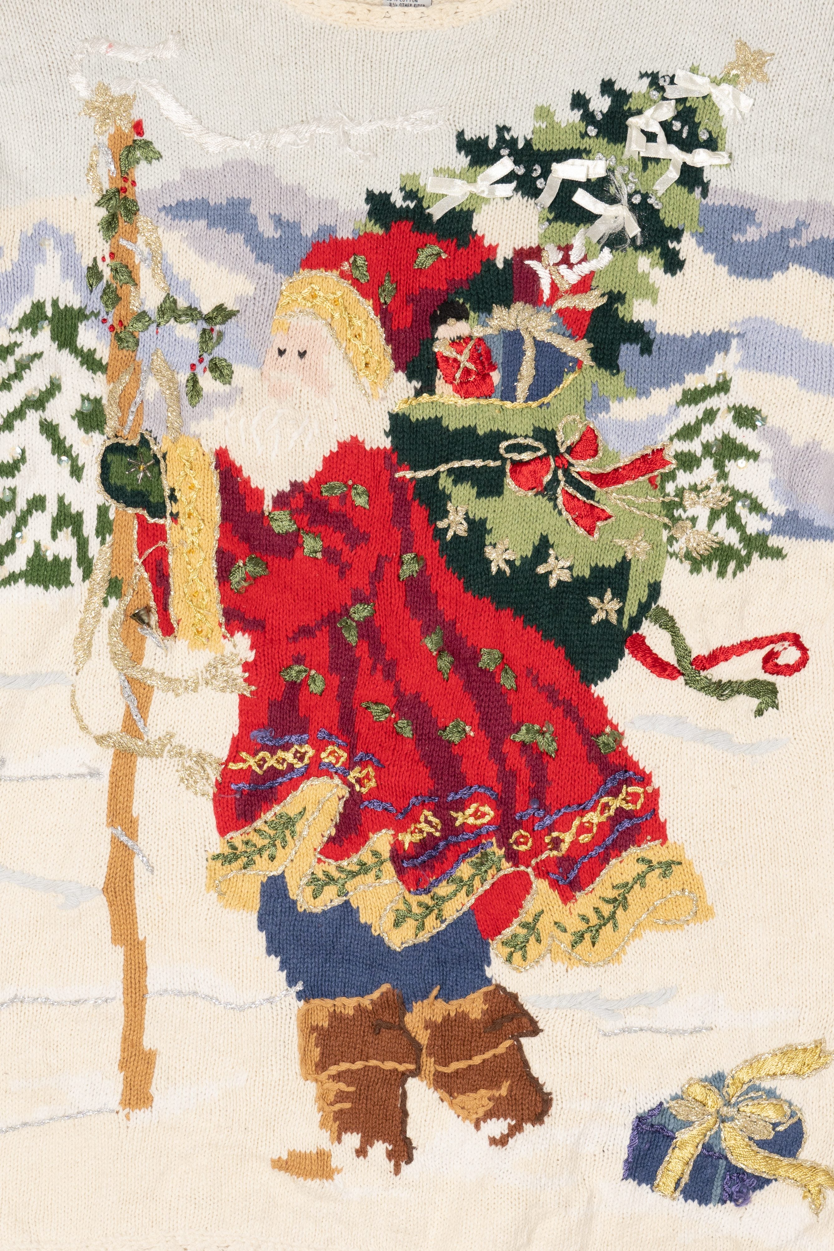 Vintage White Heirloom Collectible Santa Saint Nick Ugly Christmas Pullover (1990s)