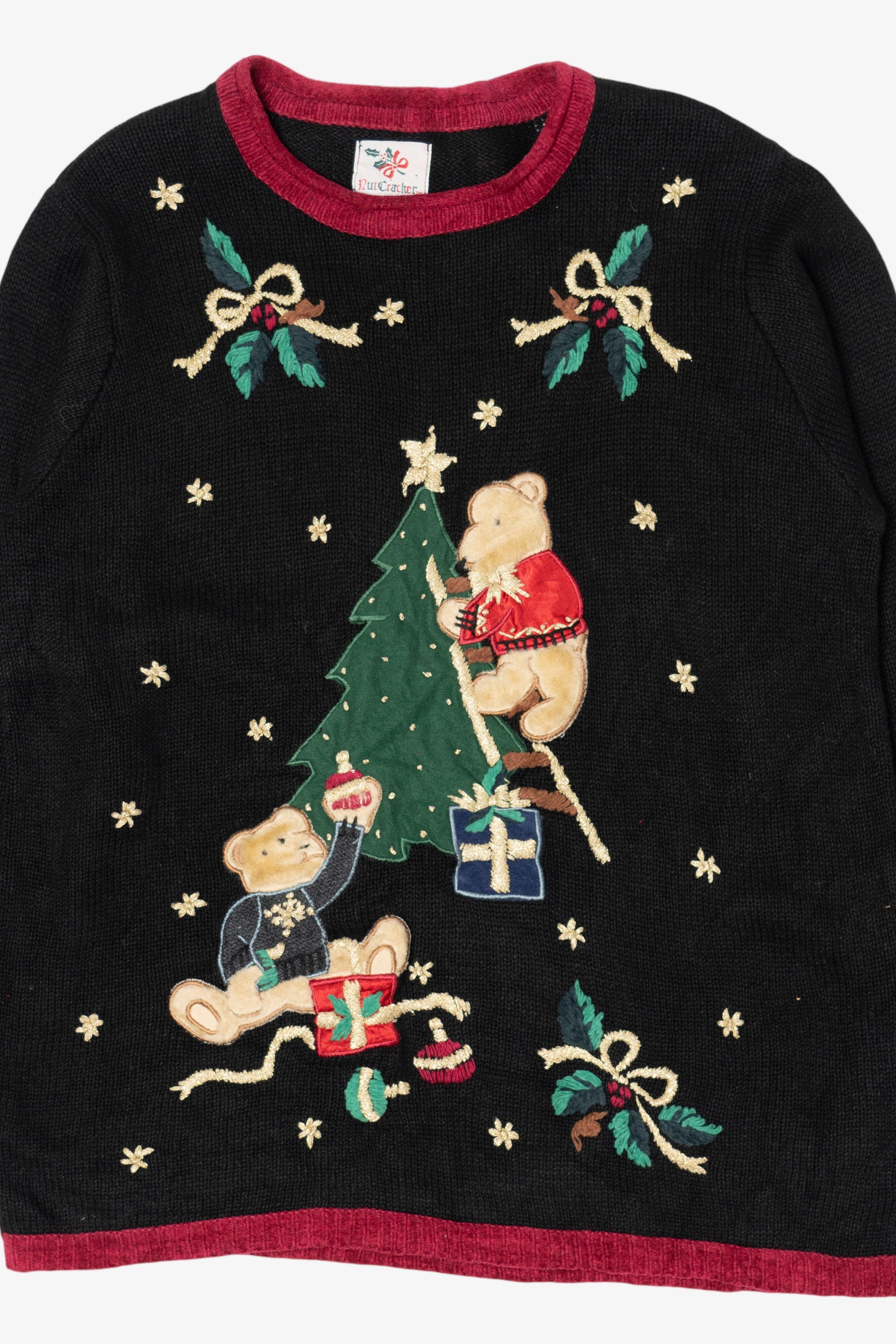 Vintage Black Nutcracker Teddy Bears Tree Decorating Ugly Christmas Pullover (1990s)