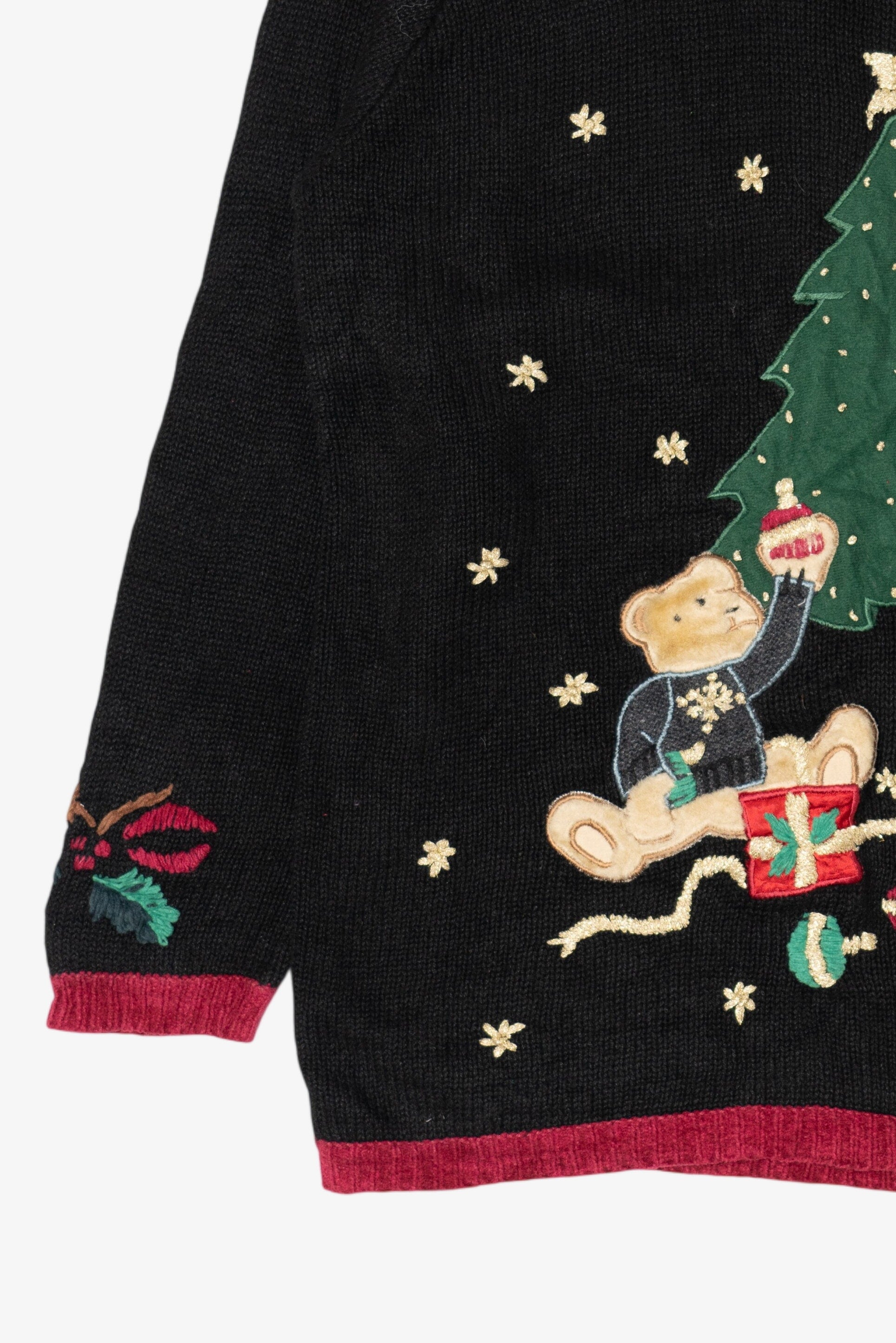 Vintage Black Nutcracker Teddy Bears Tree Decorating Ugly Christmas Pullover (1990s)