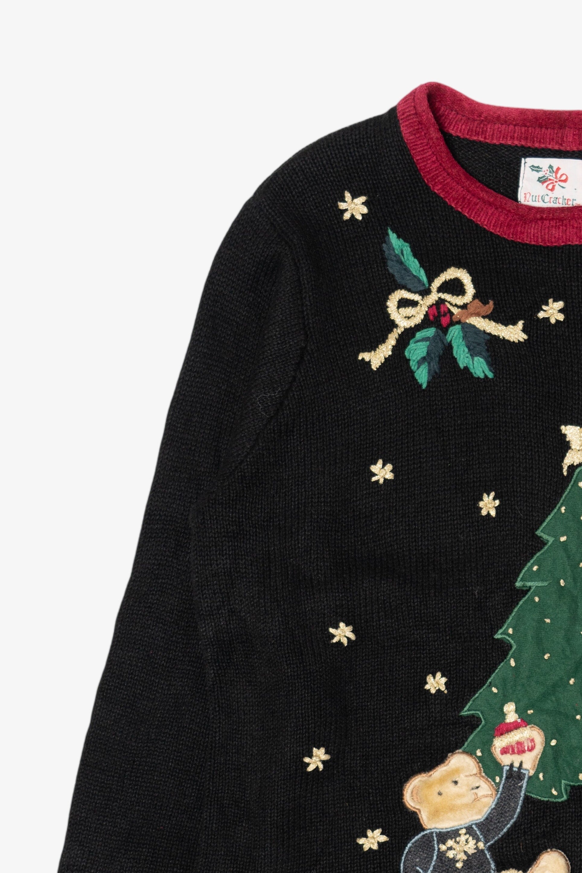 Vintage Black Nutcracker Teddy Bears Tree Decorating Ugly Christmas Pullover (1990s)