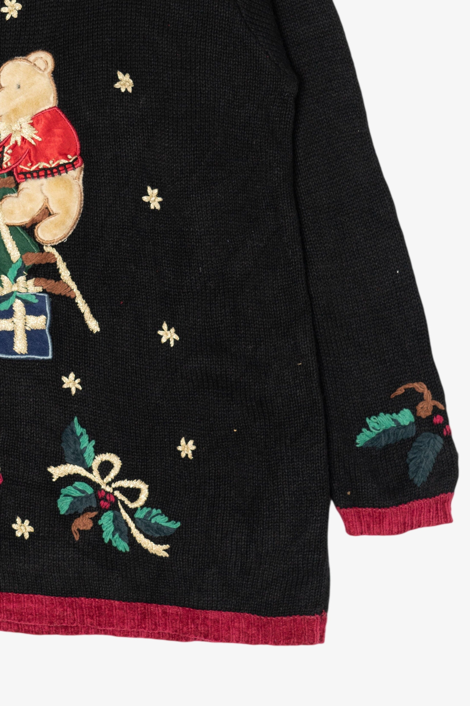 Vintage Black Nutcracker Teddy Bears Tree Decorating Ugly Christmas Pullover (1990s)