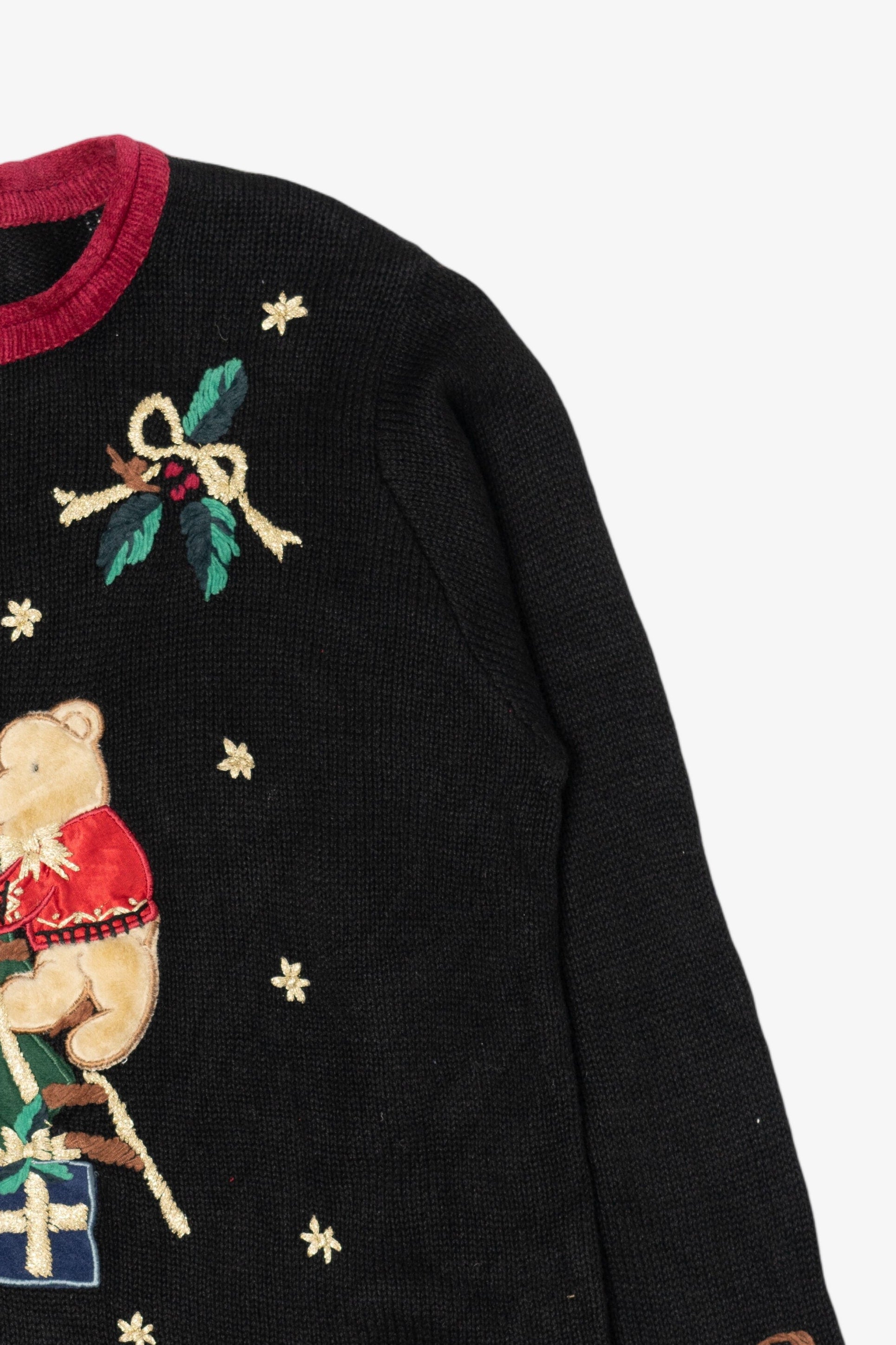 Vintage Black Nutcracker Teddy Bears Tree Decorating Ugly Christmas Pullover (1990s)
