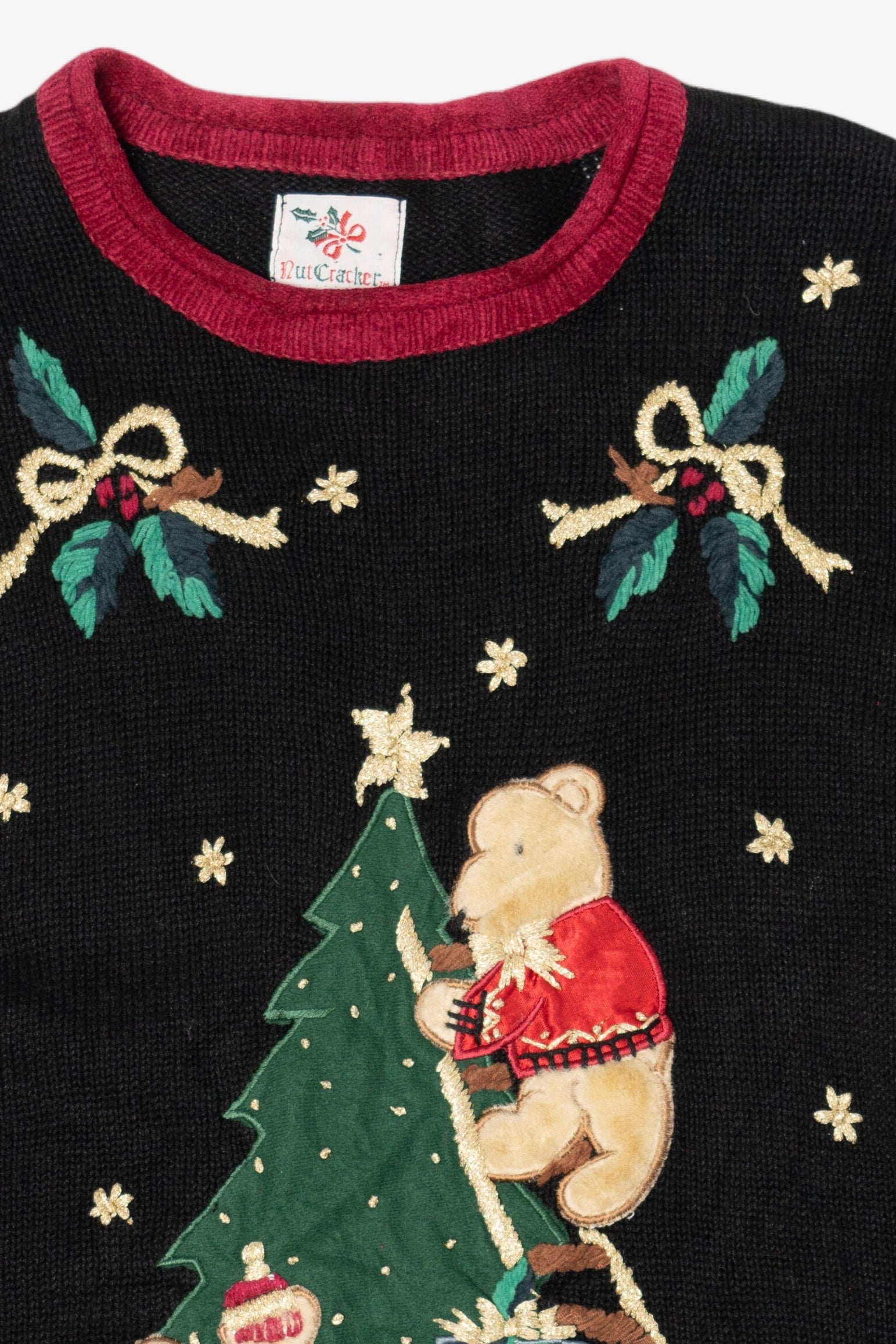 Vintage Black Nutcracker Teddy Bears Tree Decorating Ugly Christmas Pullover (1990s)