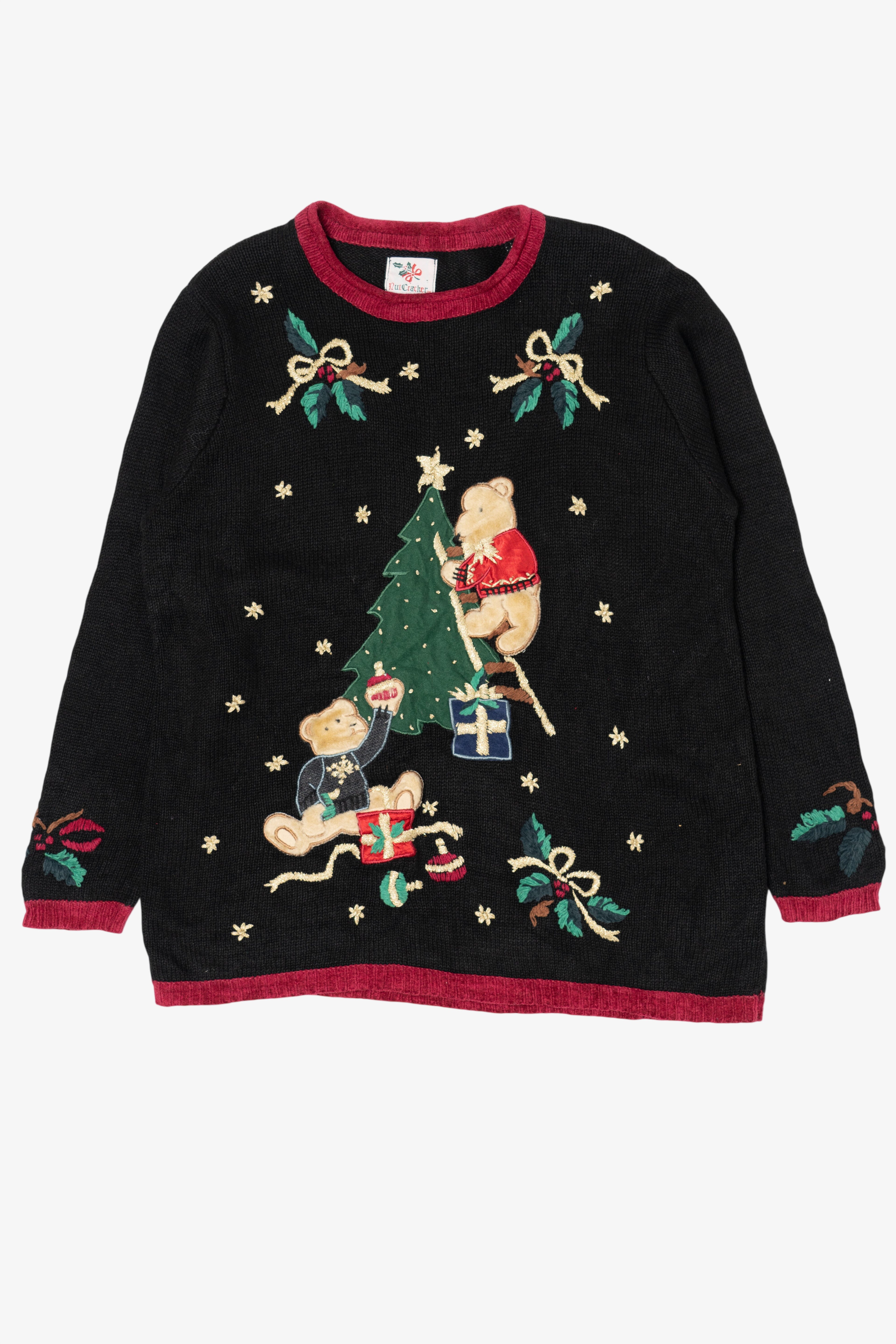 Vintage Black Nutcracker Teddy Bears Tree Decorating Ugly Christmas Pullover (1990s)