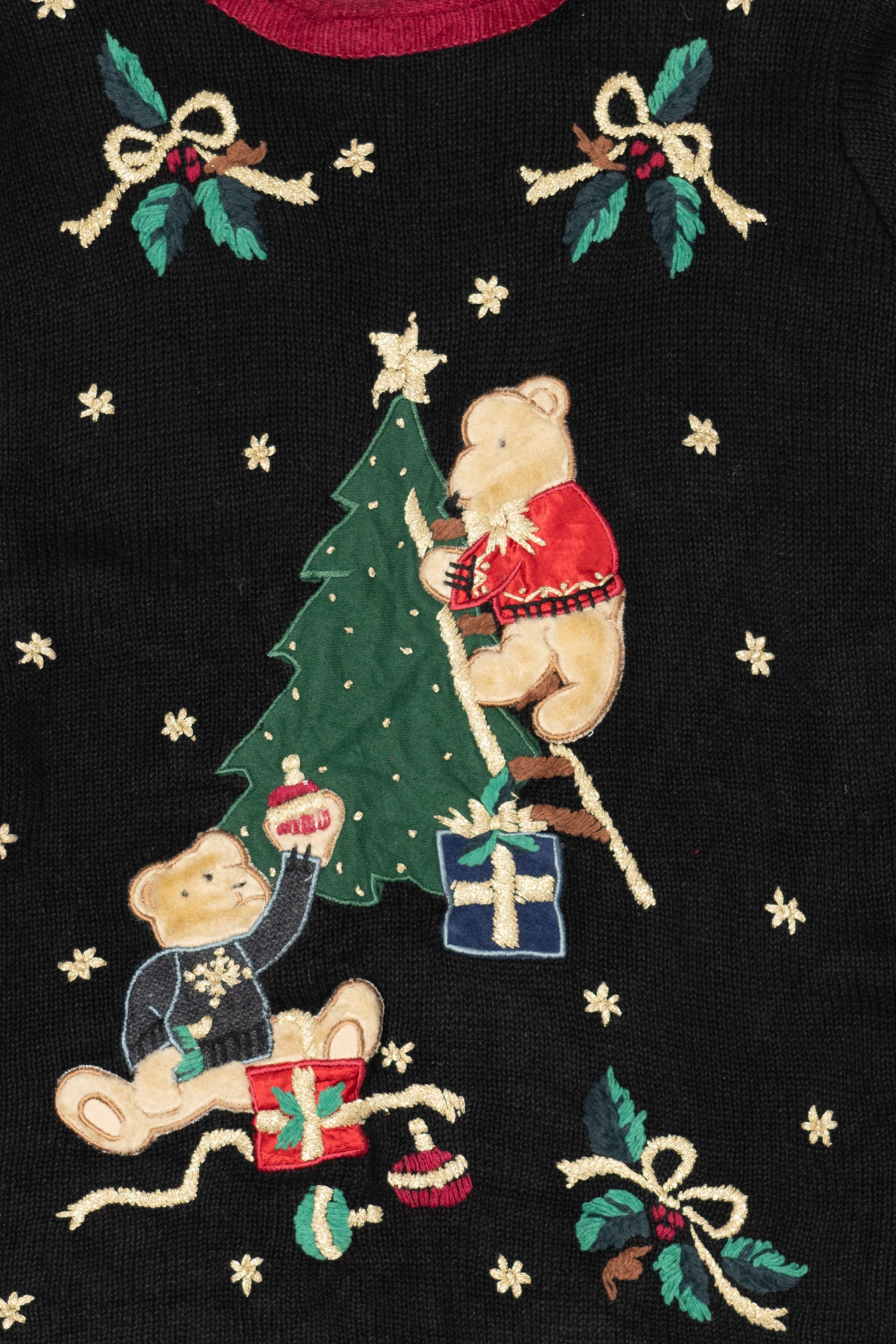 Vintage Black Nutcracker Teddy Bears Tree Decorating Ugly Christmas Pullover (1990s)