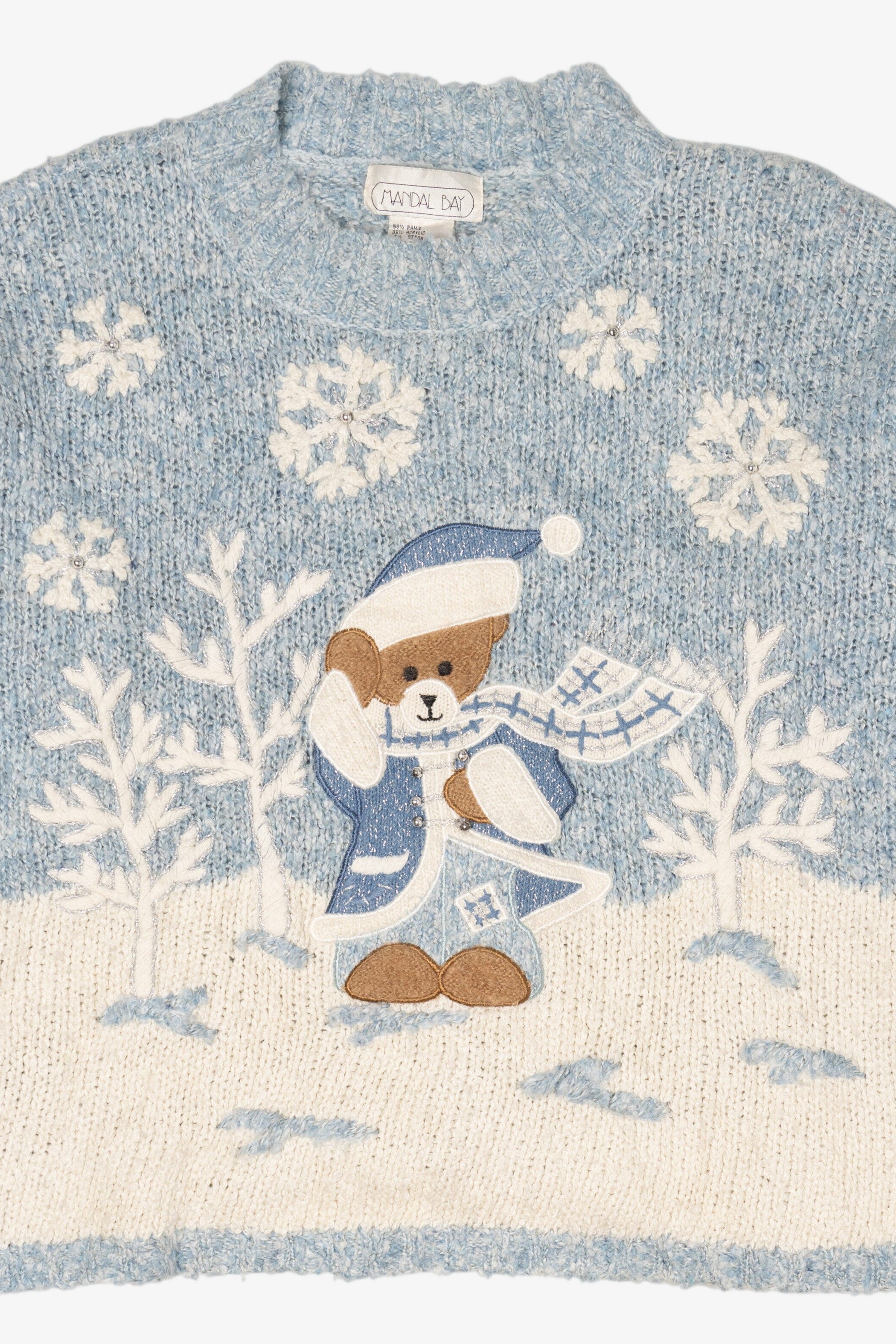 Vintage Light Blue Mandal Bay Teddy Bear Ugly Christmas Pullover (1990s)