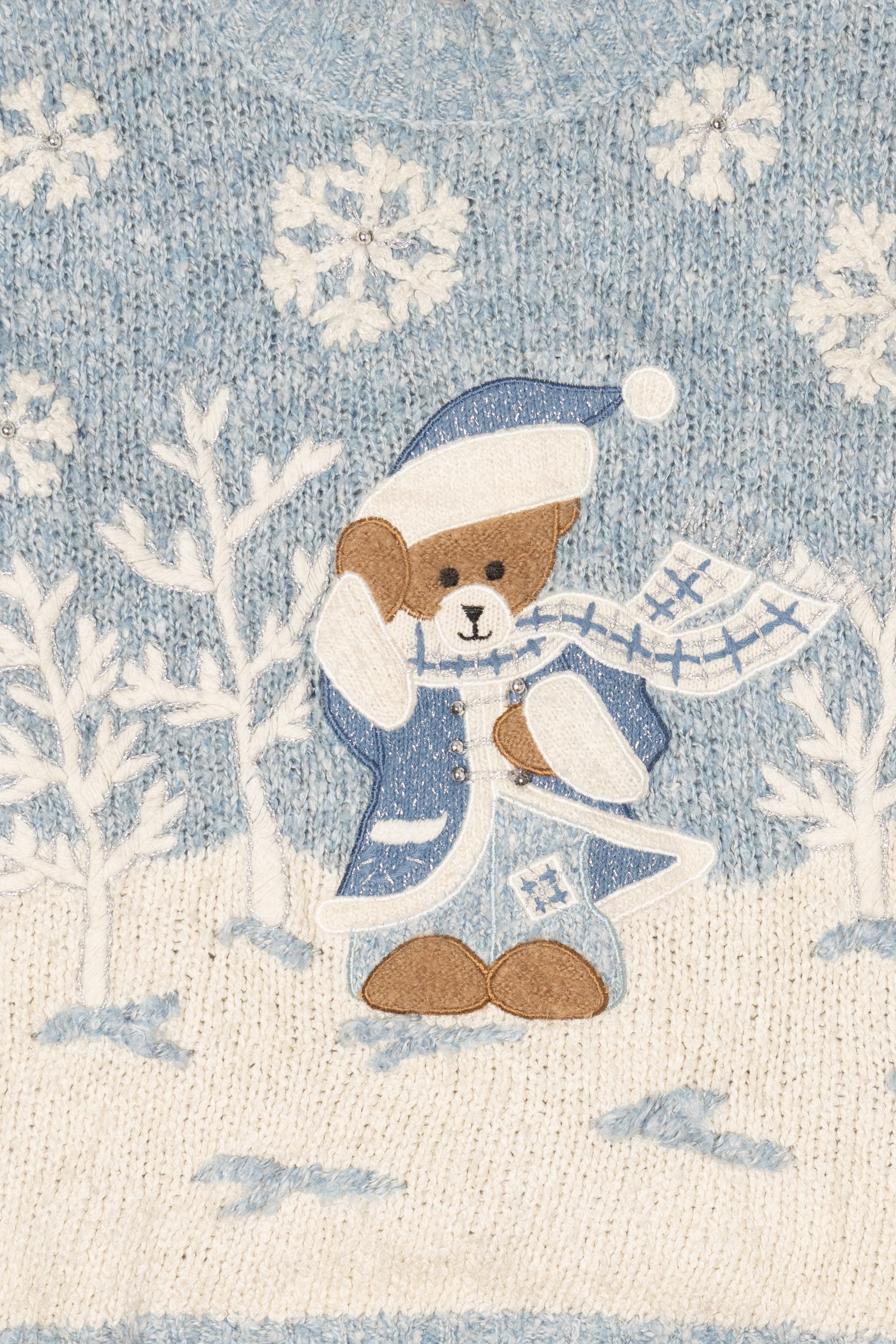 Vintage Light Blue Mandal Bay Teddy Bear Ugly Christmas Pullover (1990s)