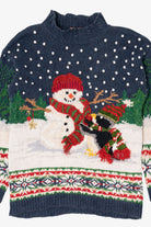 Vintage Blue Tiara International Penguin Building Snowmen Ugly Christmas Pullover (1990s)