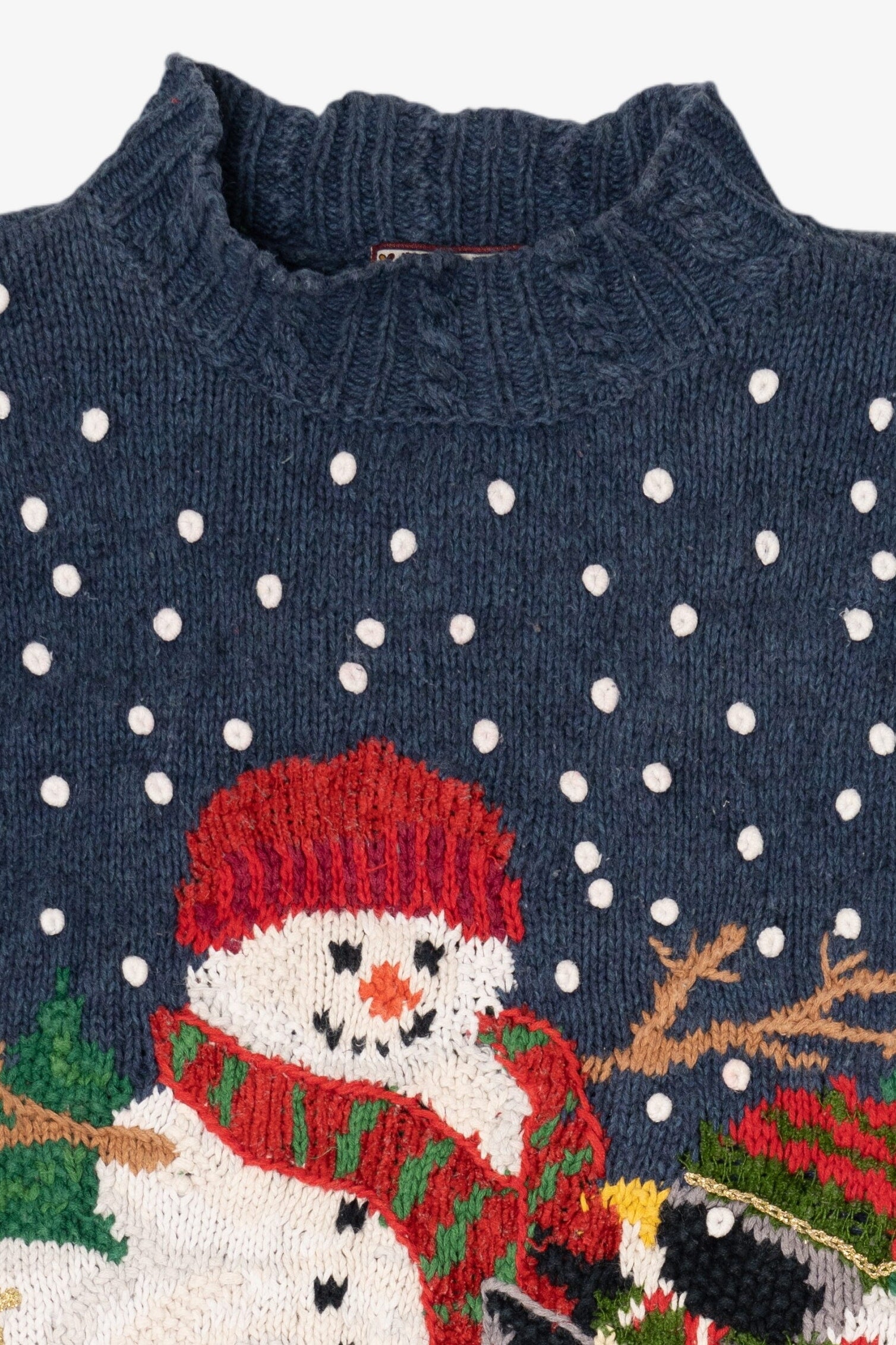 Vintage Blue Tiara International Penguin Building Snowmen Ugly Christmas Pullover (1990s)